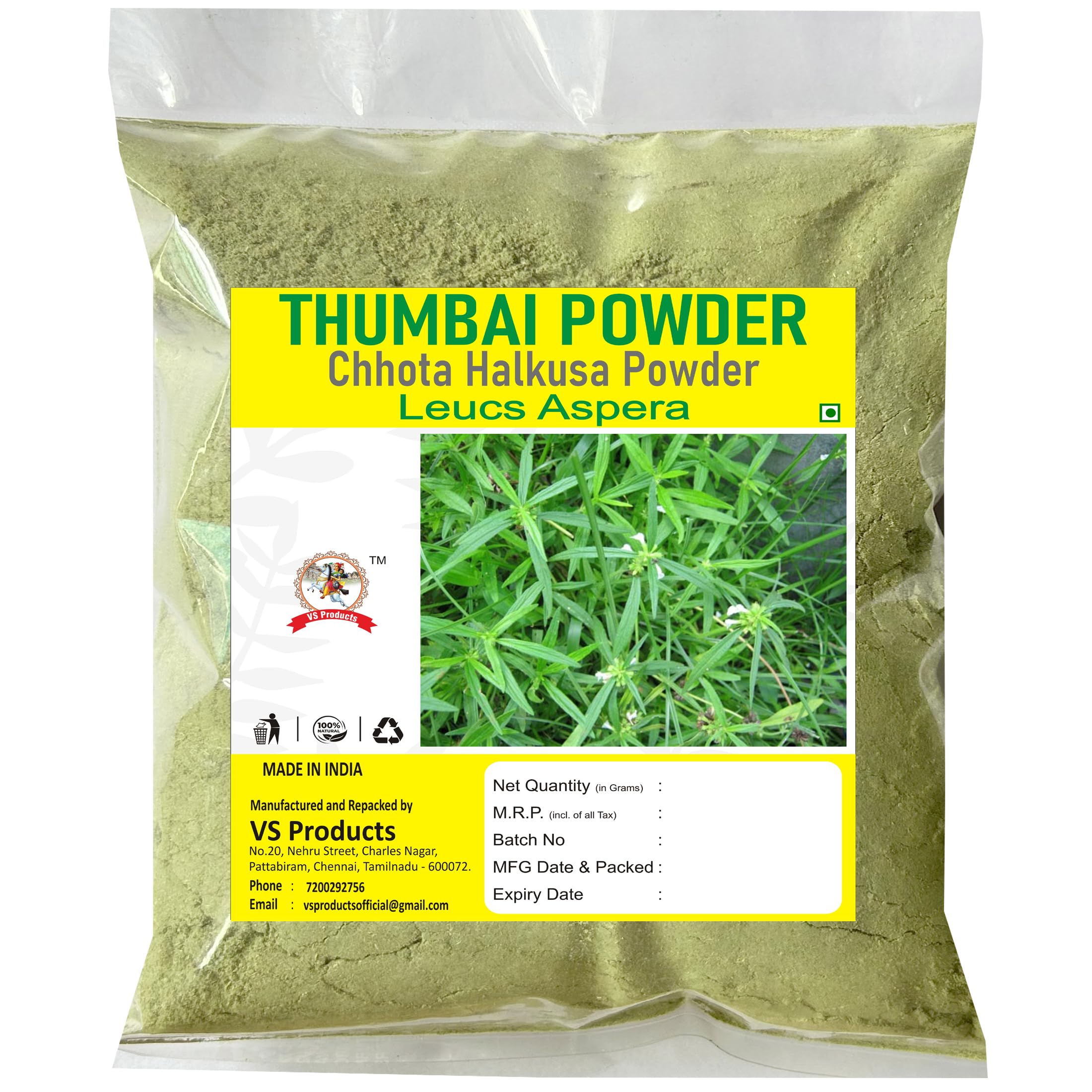 VS Products Thumbai Powder, 900g, Leucas Aspera, Madhupati, Goma, Dronapushpi, Chota Halkusa Powder, (Pack of 9 X 100g)