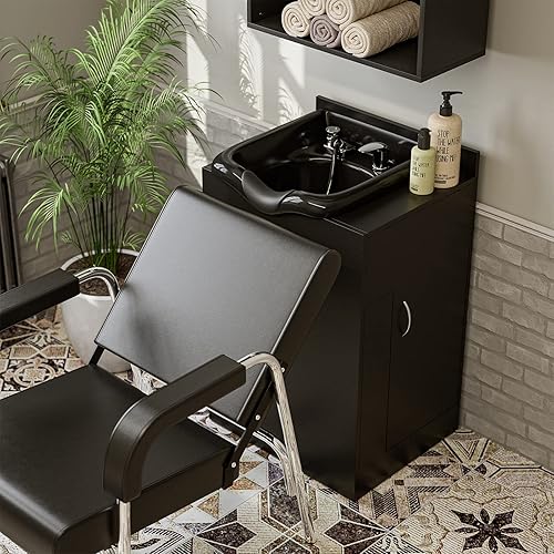 Miniatura 2 de OKAKOPA Estación de fregadero de champú con cuenco para champú, gabinete de champú negro con pulverizador de grifo, cuenco de champú, estación