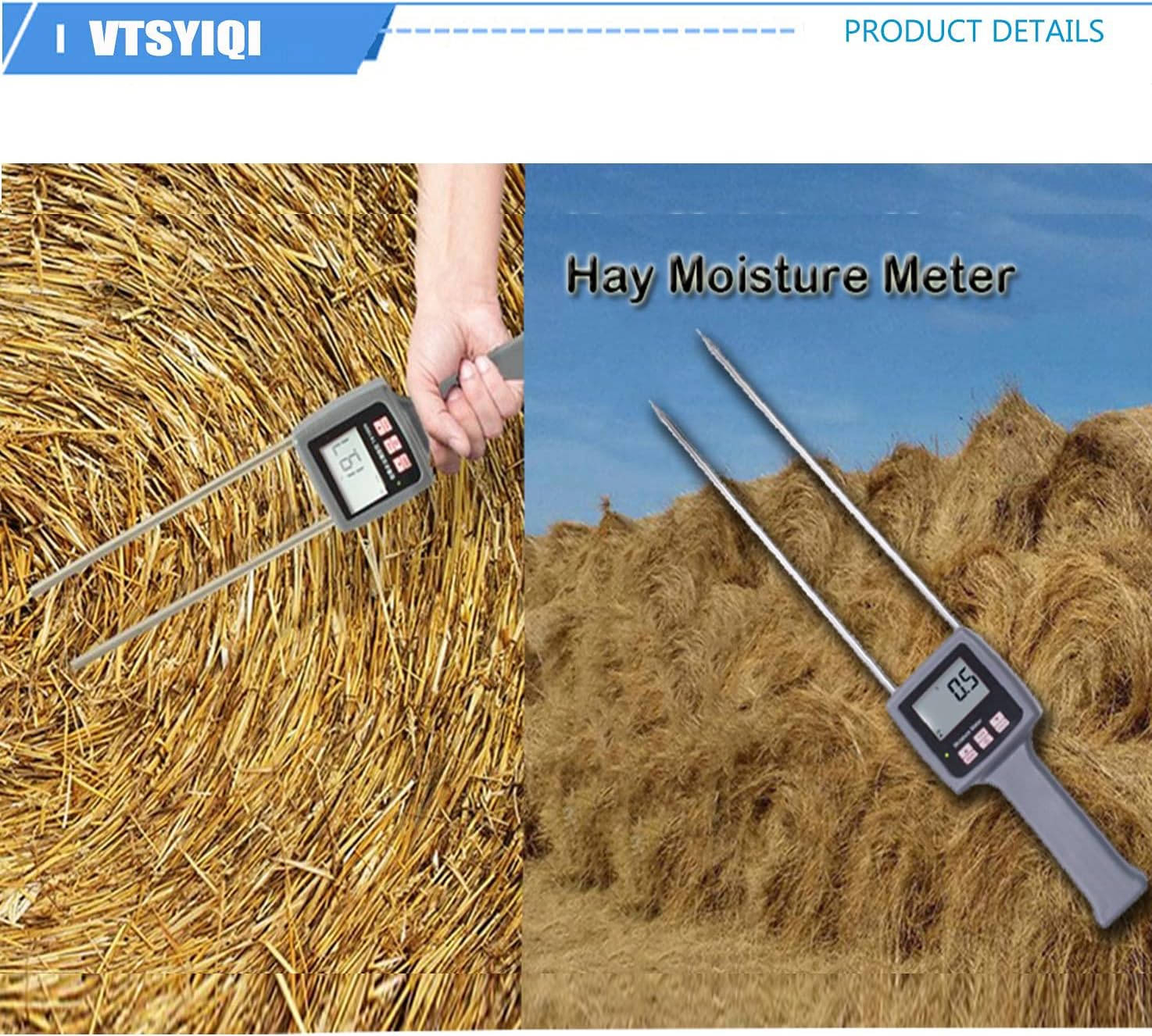 Digital Hay Moisture Meter Tester with Resolusion 0.1 Accuracy ±0.5% n Measuring Range 0 to 80% for Alfalfa Pasture Knots Straw Leymus Chinensis Orchard Grass Pennisetum Hydridum Etc