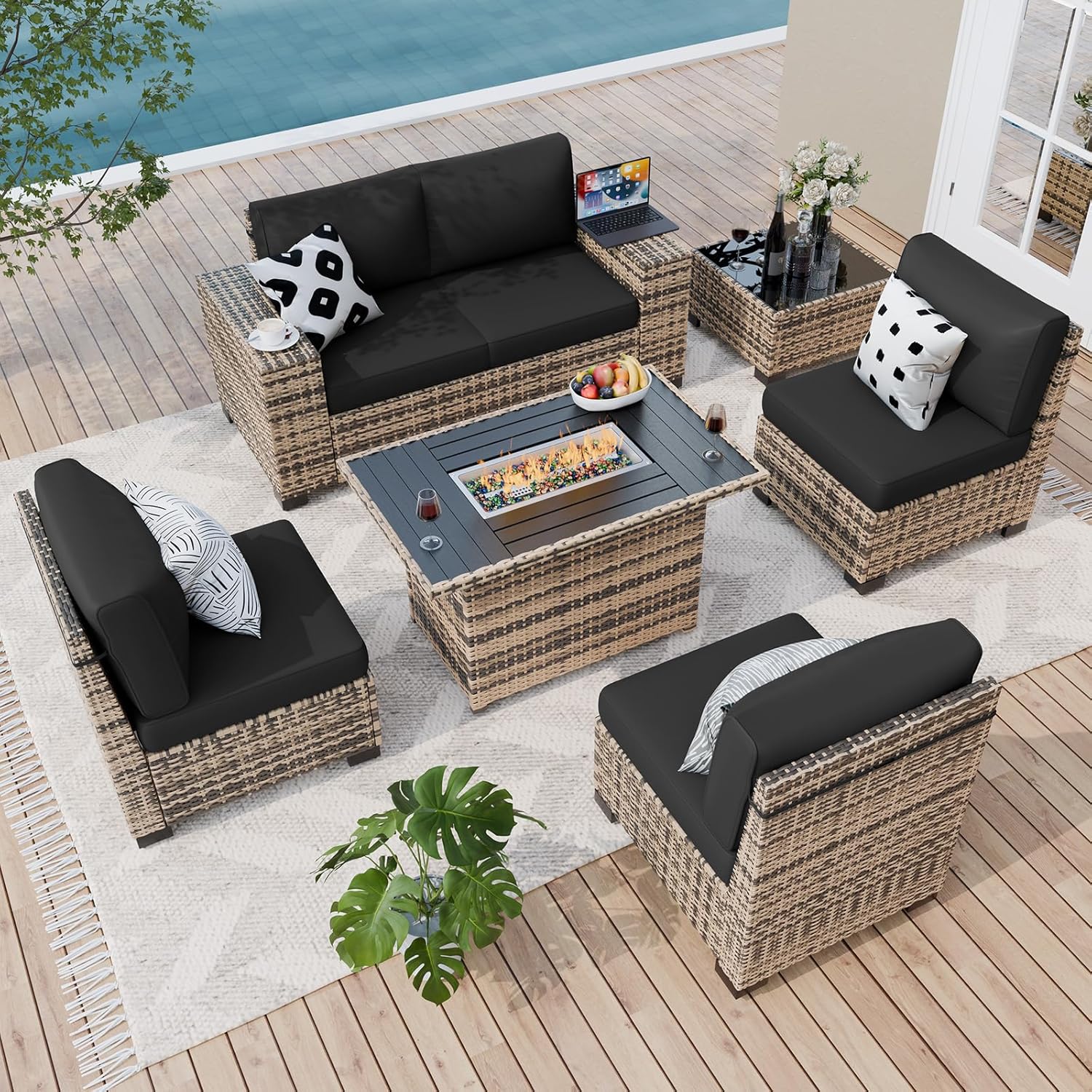 Amopatio 7 Piece Patio Furniture Set with 8" Armrest & 44" Fire Pit Table, Outdoor Wicker Rattan Sectional Sofa Conversation Set for Backyard, Garden, Poolside(Black Cushion)