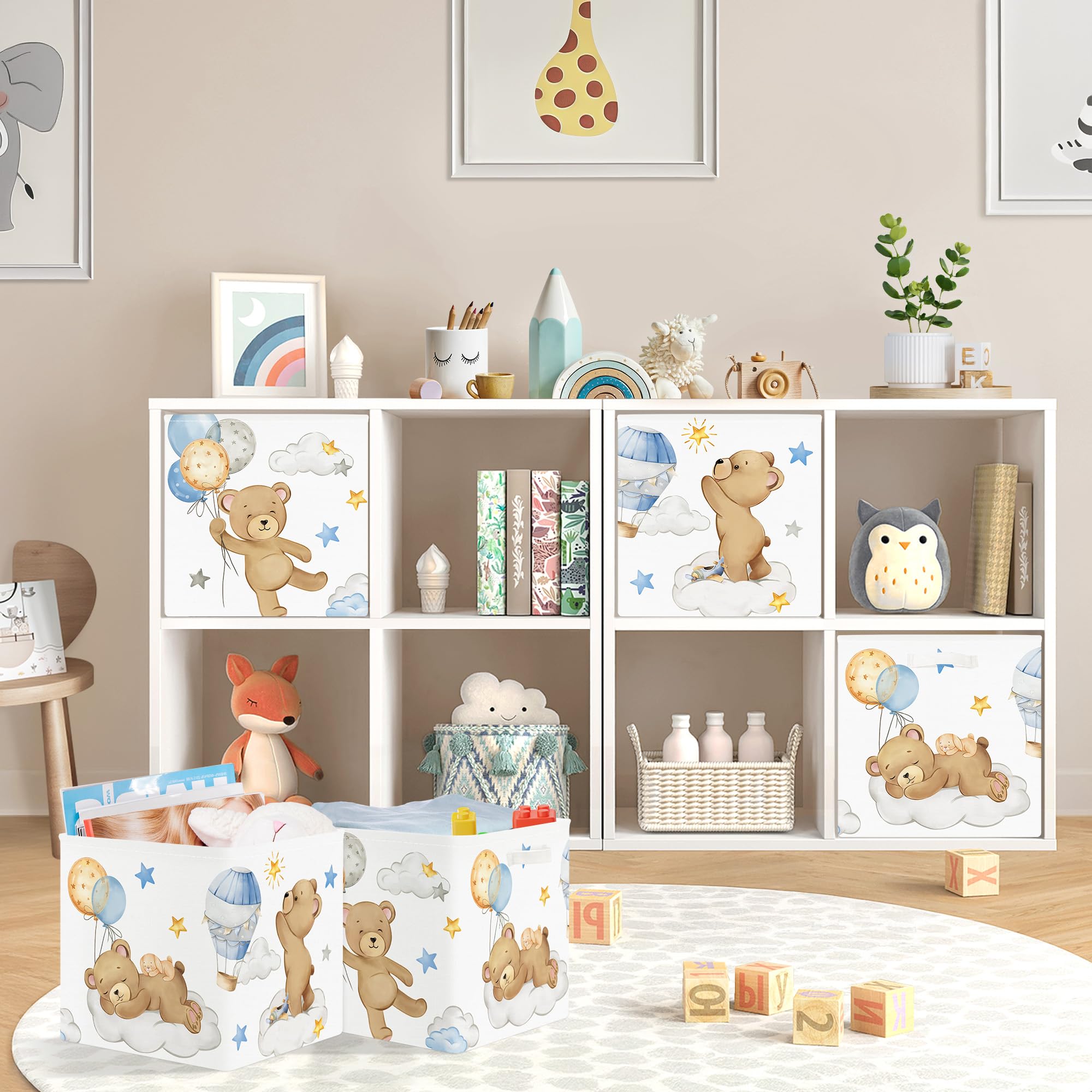HUUMONSS 11.8" Sleeping Animals Storage Cube Organizer Set 3Pcs Clothes Storage Basket Bin for Closet Shelf Bear Stars Balloon Nursery Kid Room Book Toy Chest - Image 3