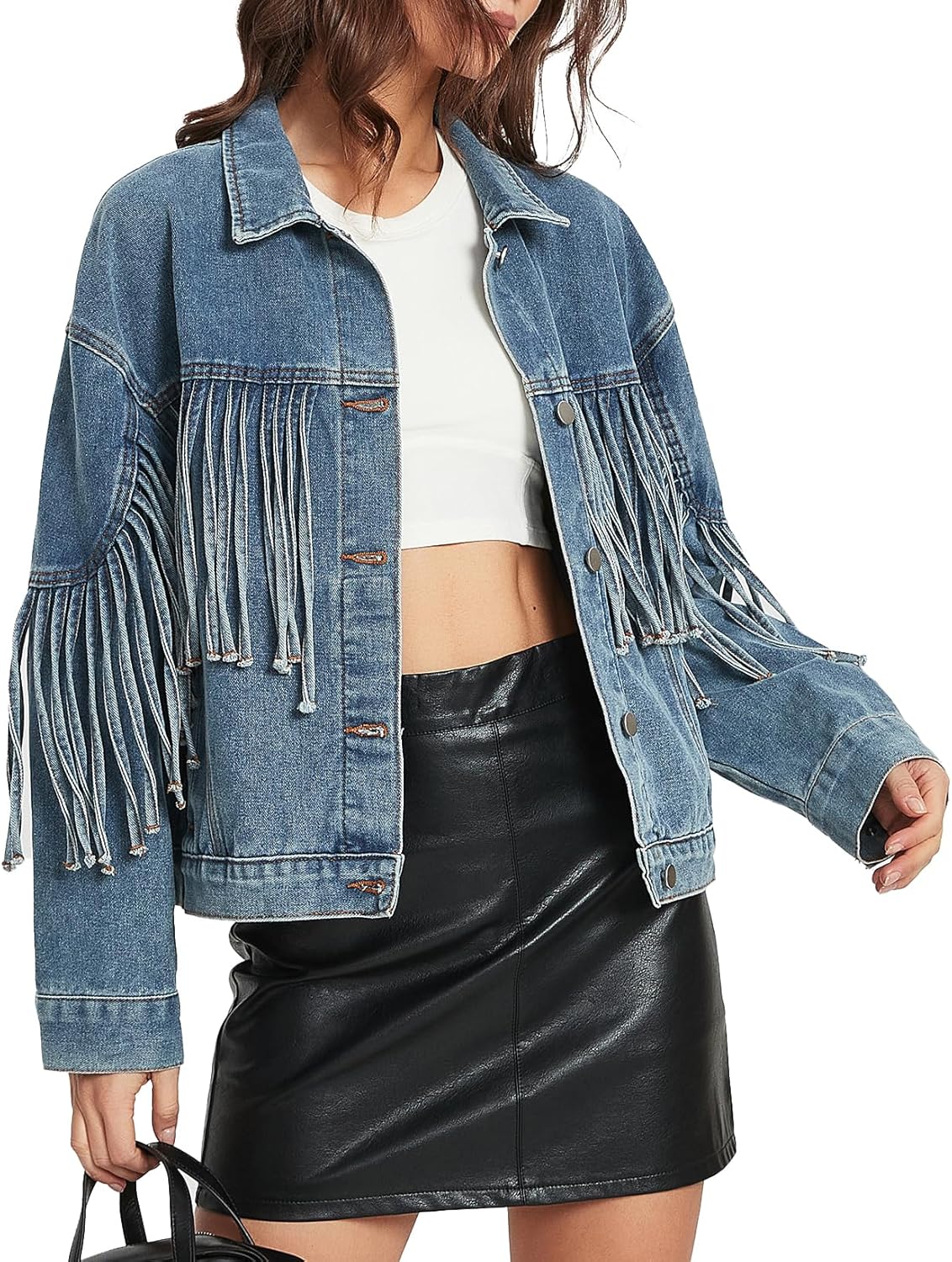 Ladyful Women's Oversized Fringed Denim Jacket Tassel Long Sleeve Jean Jacket 2026 Western Country Concert Outfits