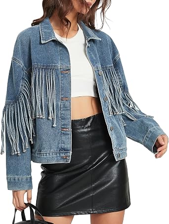 Womens Oversized Fringed Denim Jackat Jean Western Outfits | Long Sleeve, Button Down, Tassel, Pockets, Baggy, Loose Fit, Cowgirl Trendy Jean Coat, Country Concert Fashion Outfit