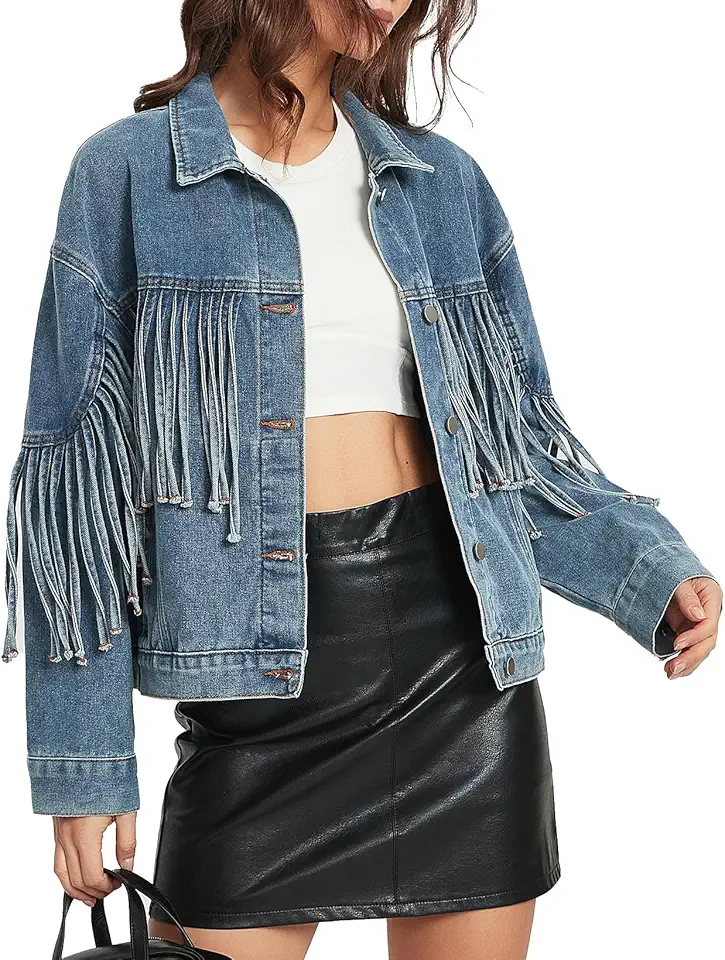 Jaqueta jeans feminina grande com franjas, franjas, manga comprida, jaqueta jeans 2026 roupas de concerto country ocidental