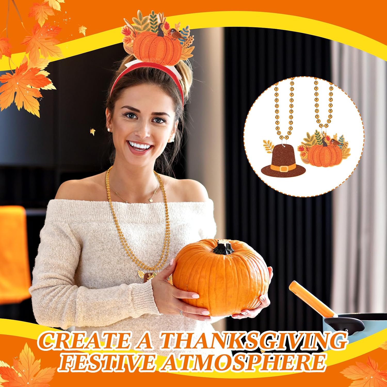 RattanView 36 Pcs Thanksgiving Turkey Headbands and Bead Necklaces Set Orange Pumpkins Maple Leaf Necklaces Headband Party Supplies for Autumn Harvest Theme Party Jewelry Supplies Favor