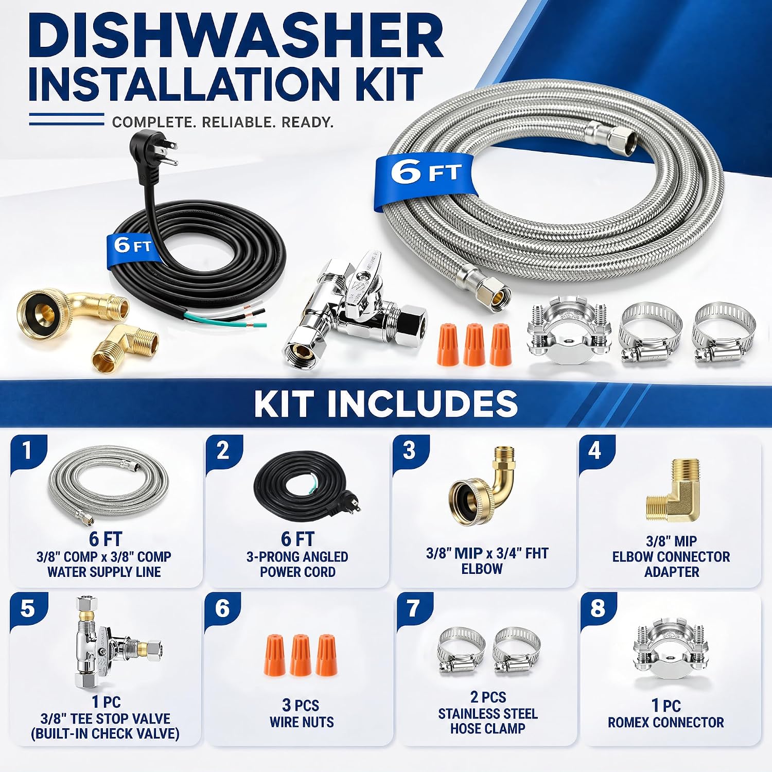 Dishwasher Installation Kit, 6 Ft. Braided Stainless Steel Supply Line with 3-prong Power Cord, 3/8 Inch Compression Ends, Tee Valve, Brass Fittings, Hose Clamps & Connectors-Dishwasher Power Cord Kit