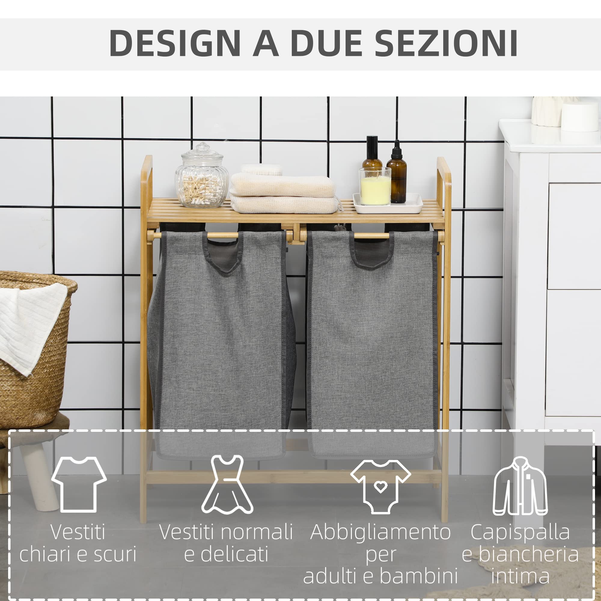 HOMCOM Portabiancheria in Legno di bambù, Doppio cesto Estraibile con Maniglie e Ripiano a Doghe, 63.5x33x73cm, Grigio