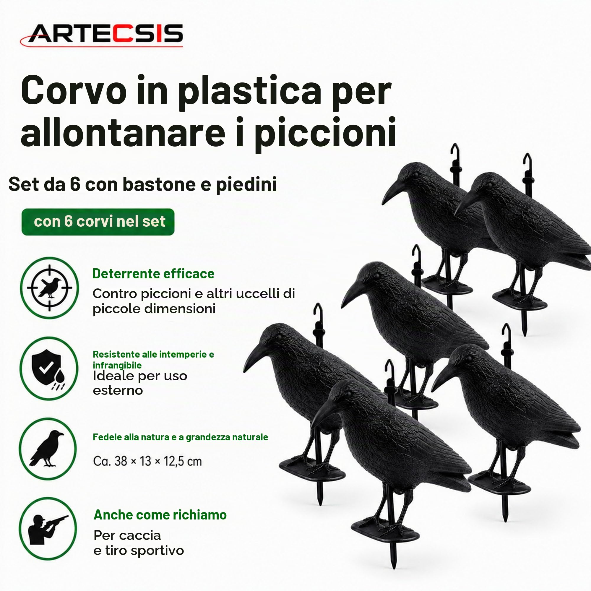 ARTECSIS® Set da 6 corvo finto in plastica anti piccioni e uccelli (38x13x12 cm) - sagoma di corvo resistente alle intemperie per balcone e giardino - spaventapasseri realistico per allontanare