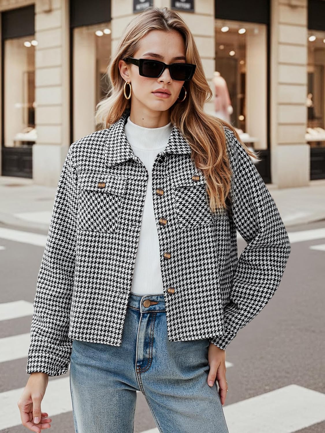 Women's Cropped Plaid Shacket Jacket Long Sleeve Button Down Shirt Coat Tops with Pockets