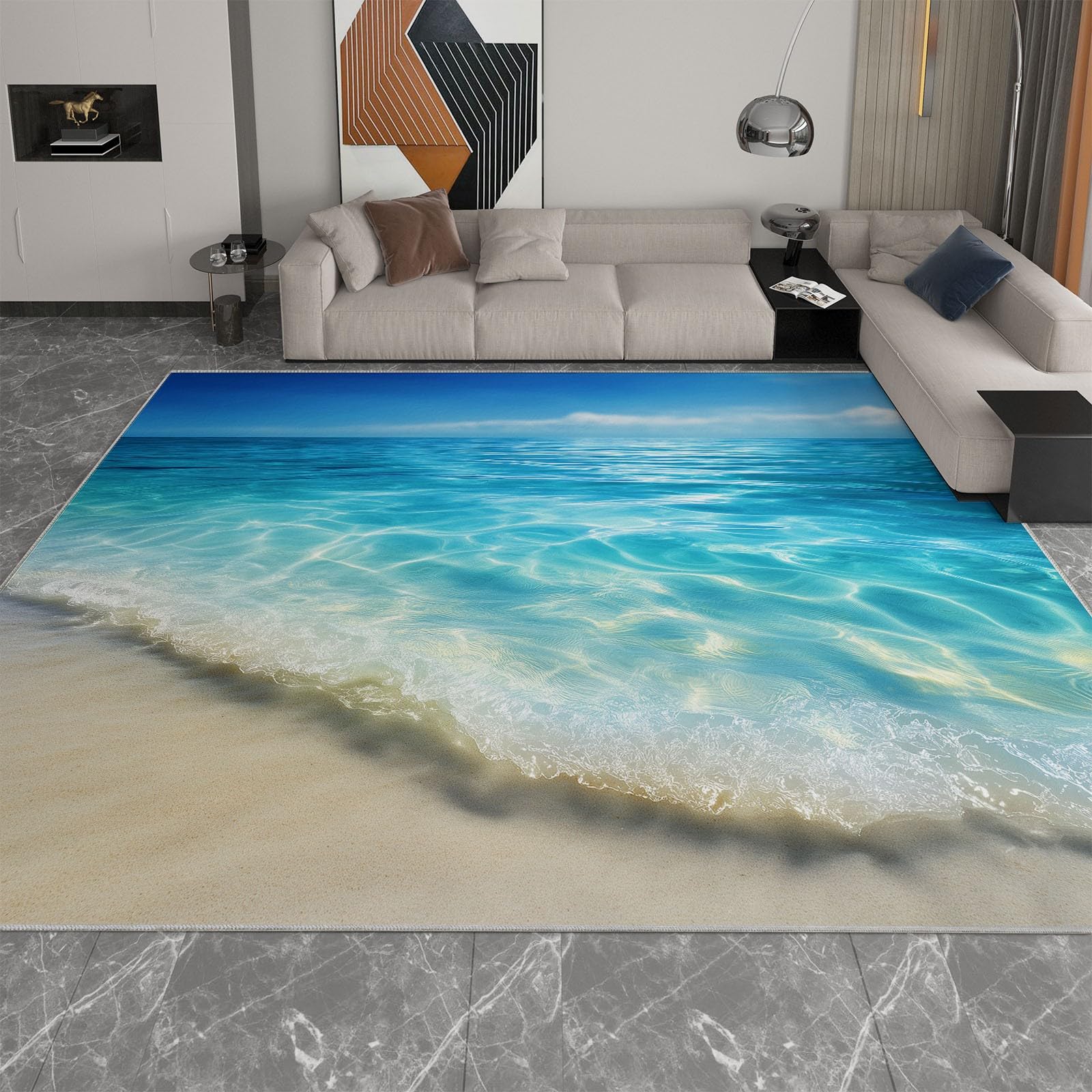 Tapis de Zone Océan Plage Lavable en Machine 80 x 150 cm, Tapis à Faible Poil Antidérapant avec Imprimé Côtier Réaliste Vagues - pour Salon Chambre à Coucher Entrée Bureau à Domicile, Bleu