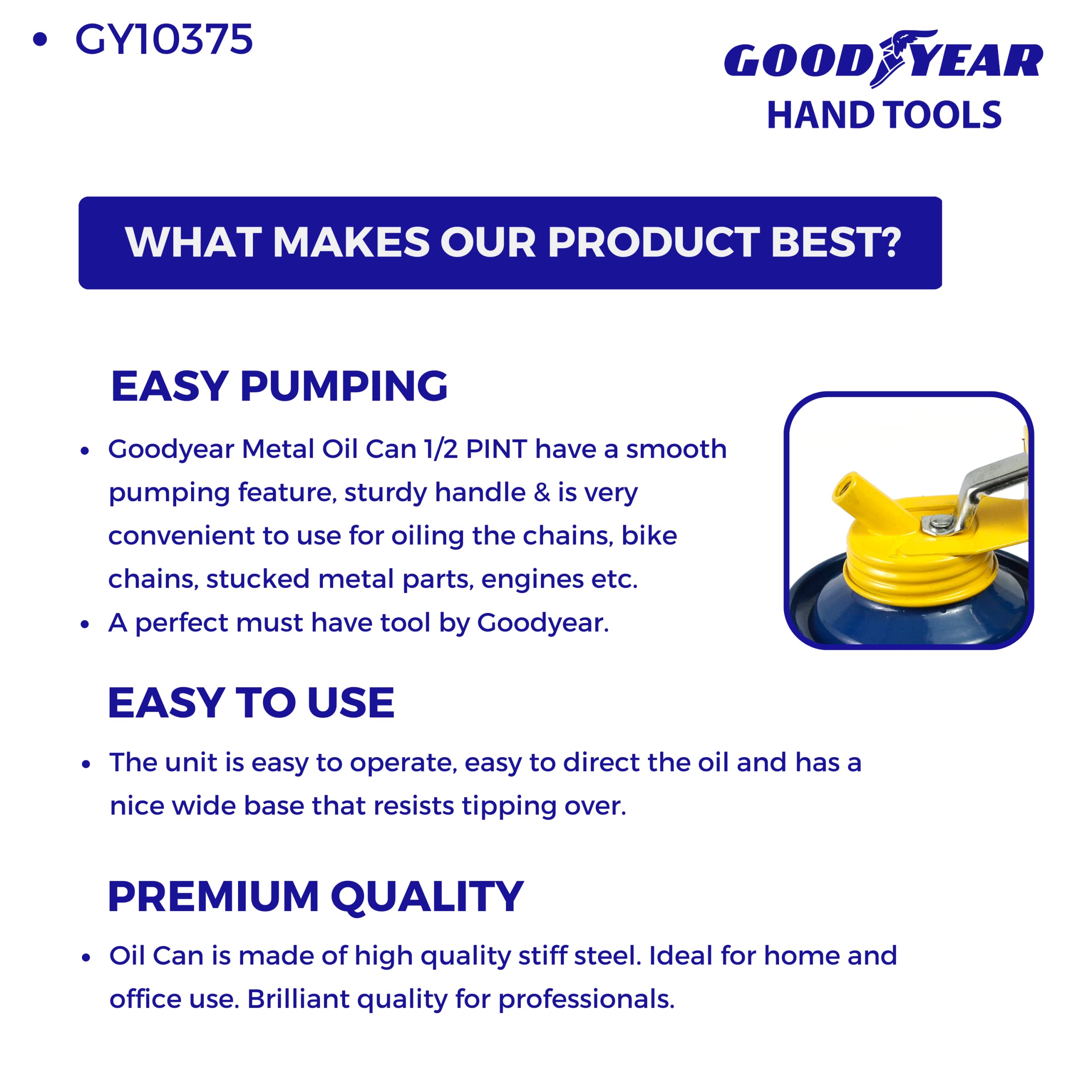 GOODYEAR Oil Can, Oil Can for Bike, 1/2 Pint Capacity Metal Oil Can Pump, GY10375 Manual Pump Manual Dispenser (Pack of 1) (Blue- 1/2 Pint)