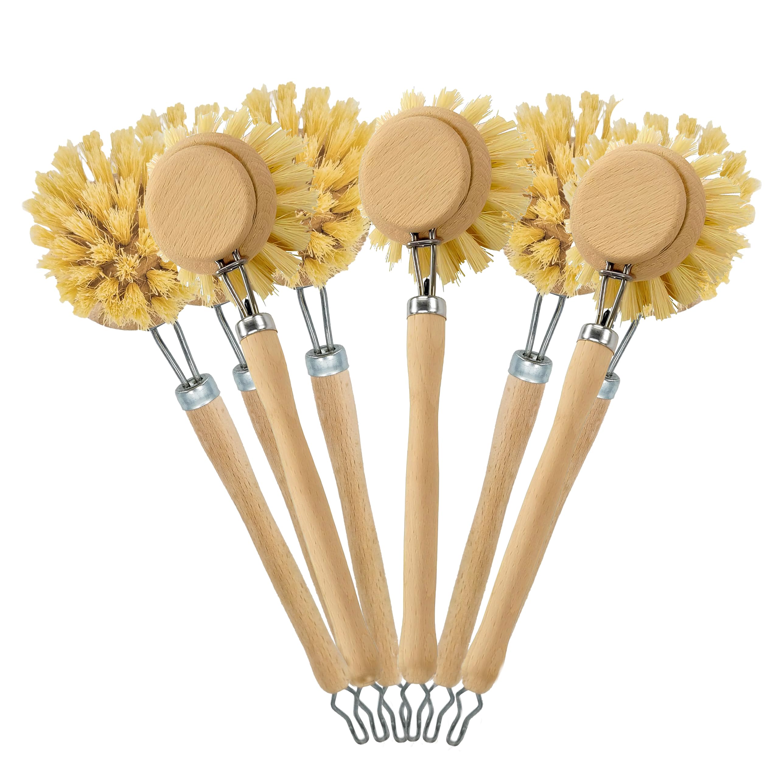 BIOHY Lot de 6 brosses à vaisselle en bois de hêtre et fibre | Brosse en bois de qualité supérieure pour rincer et nettoyer la vaisselle | Brosse de cuisine avec têtes interchangeables | Fabriqué en