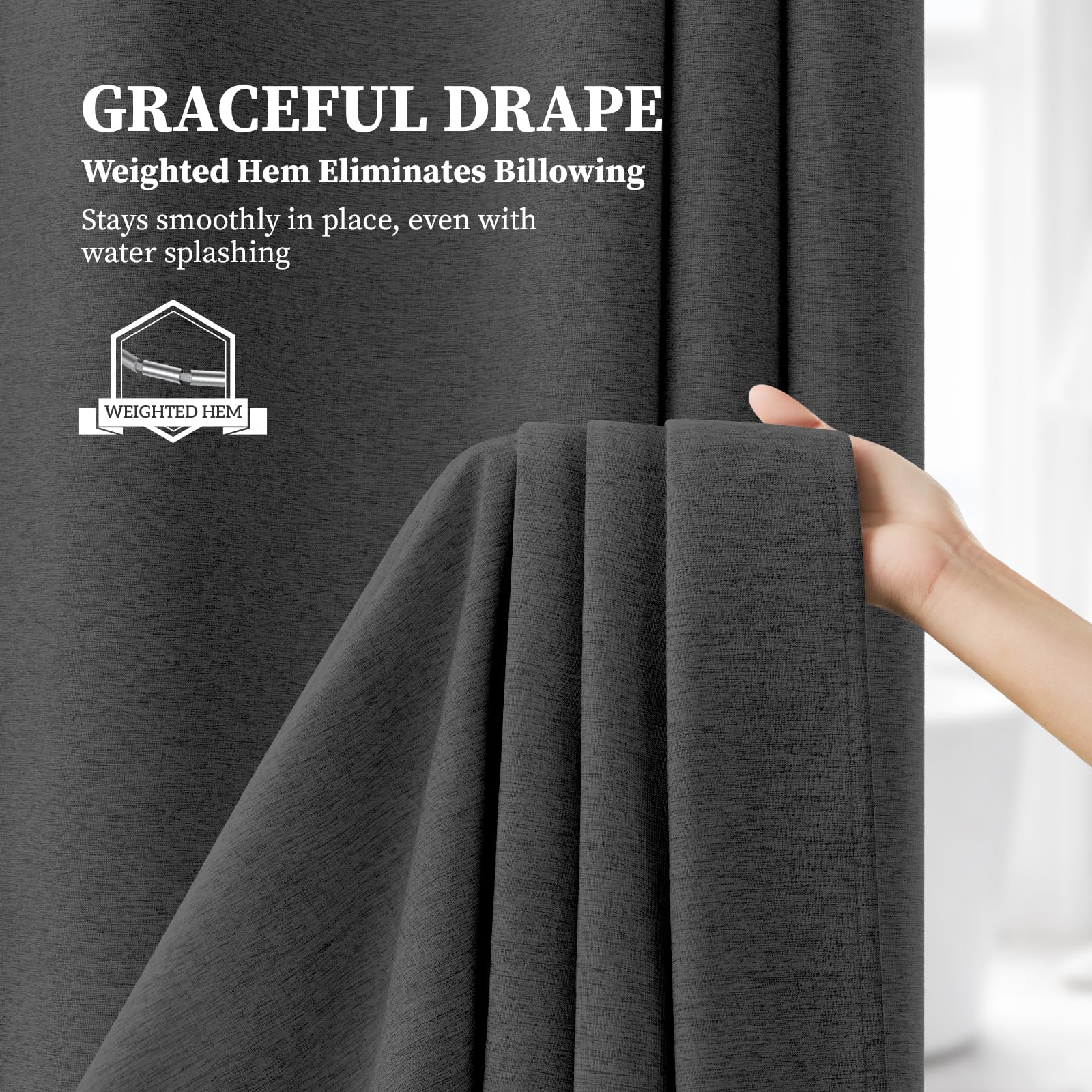 BTTN Rideau de douche de 198 cm de long, ensemble de rideaux de douche en tissu texturé épais et lin gris avec 12 crochets, rideaux de douche neutres pour hôtel imperméables en polyester pour salle de
