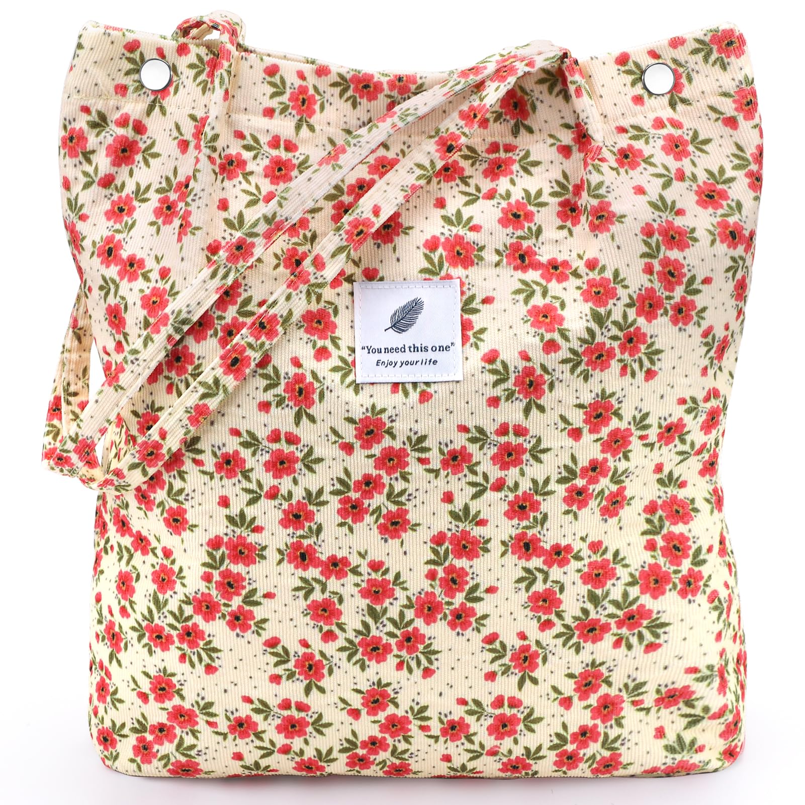 LHMTQVK Corduroy Tote Bags for Women Large Capacity Corduroy Bag Reusable Grocery Shoulder Bag with Inner Pockets, Floret, L