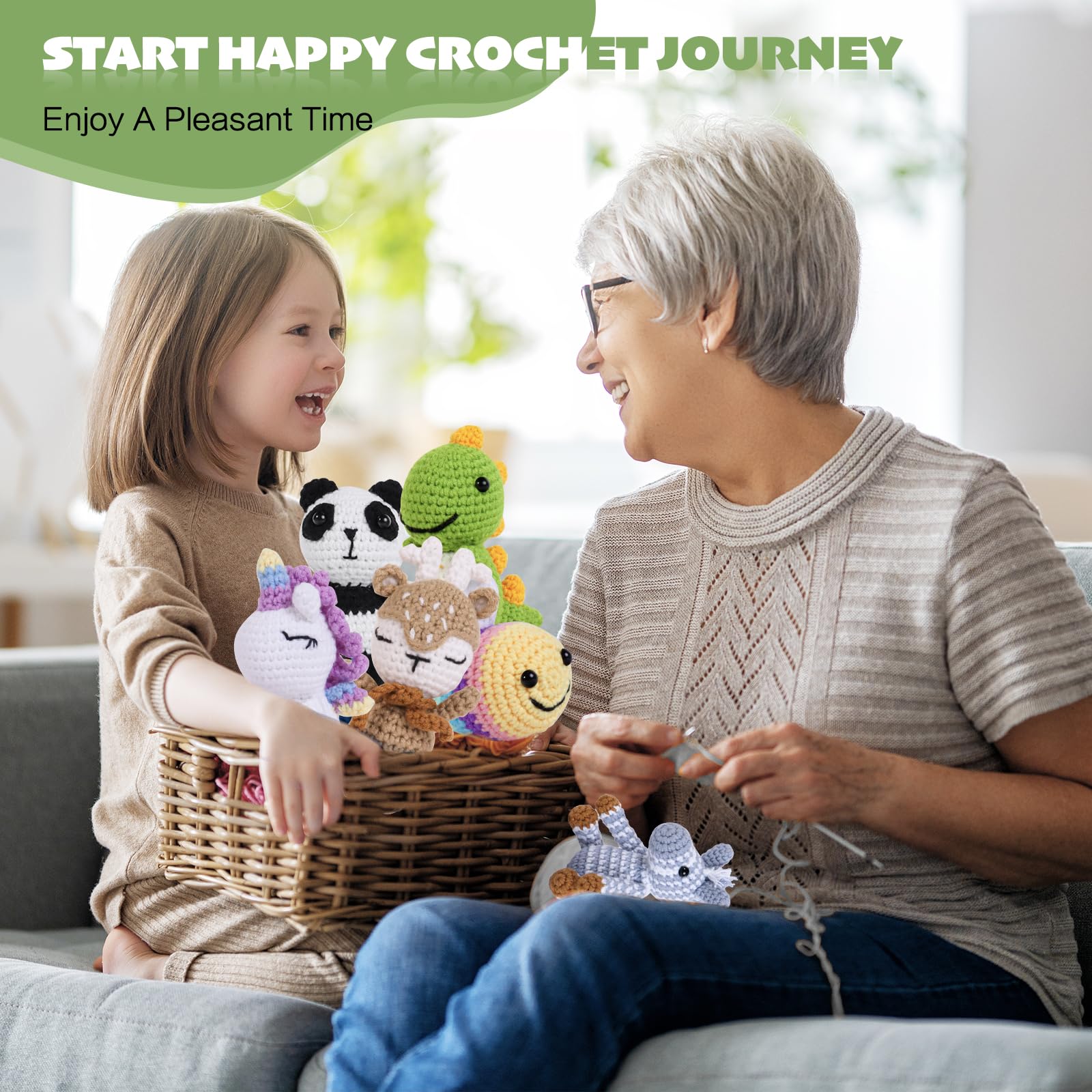 6PCS Crochet Kit for Beginners, Knitting Starter Pack for Adults and Kids，Amigurumi Crocheting Animals Kits with Step-by-Step Video Tutorials Dinosaur, Rainbow Bee,Unicorn，Elk, Panda or Zebra