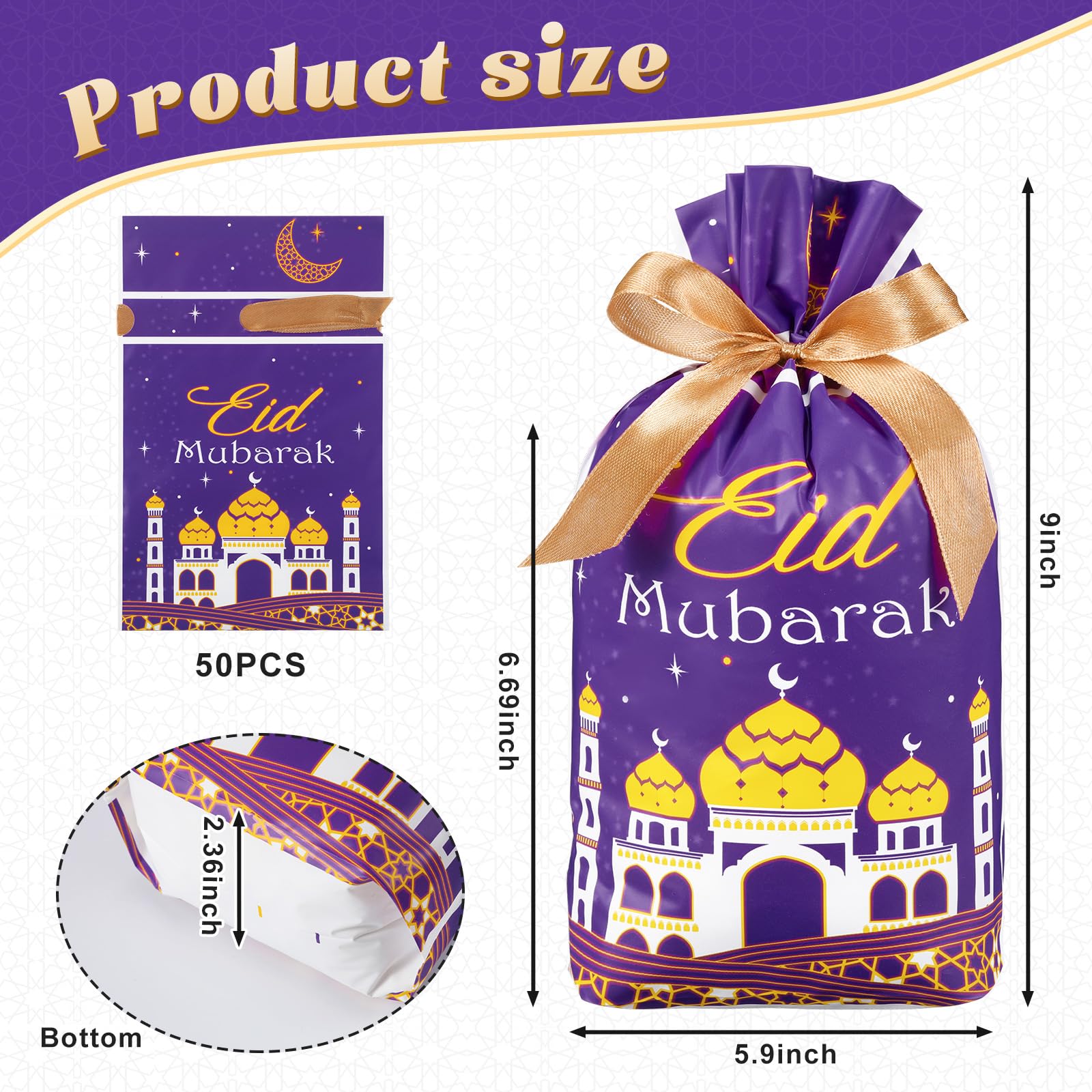 Blulu 50 Pcs Eid Mubarak Gifts Bags Plastic Ramadan Gift Bags Arabesque Moon Bulk Mosque Happy Eid Theme Goodie Pouches for Muslim Mubarak Party Candy Wrapping Supplies Decorations
