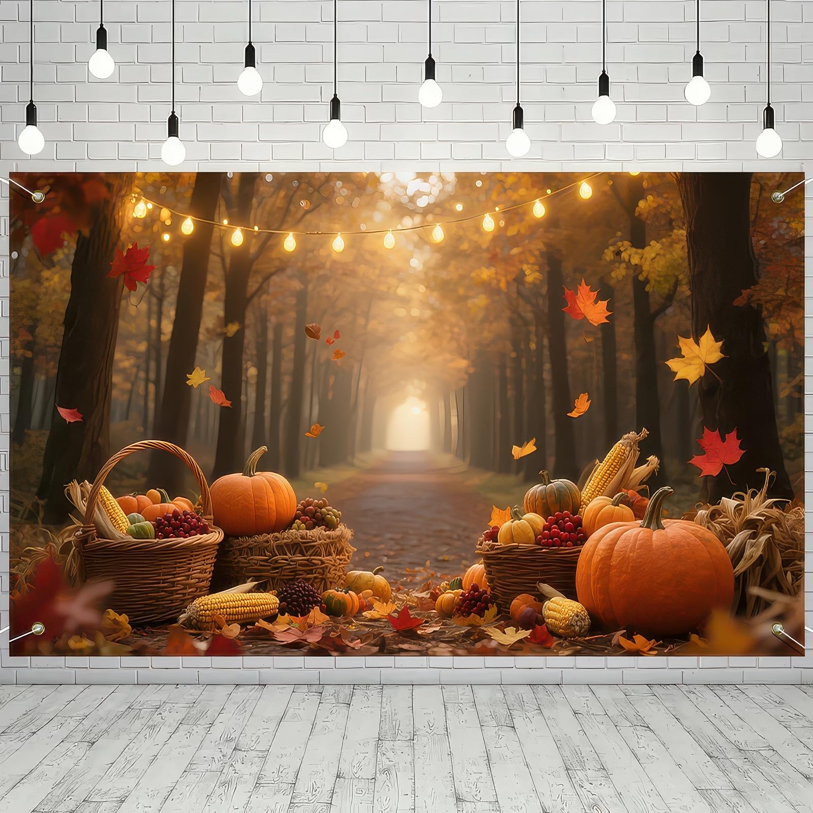 HOMETITUTE Fall Thanksgiving Backdrop Banner Autumn Maple Leaves Pumpkin Background Banner Thanksgiving Theme Outdoor Decorations Farm Harvest