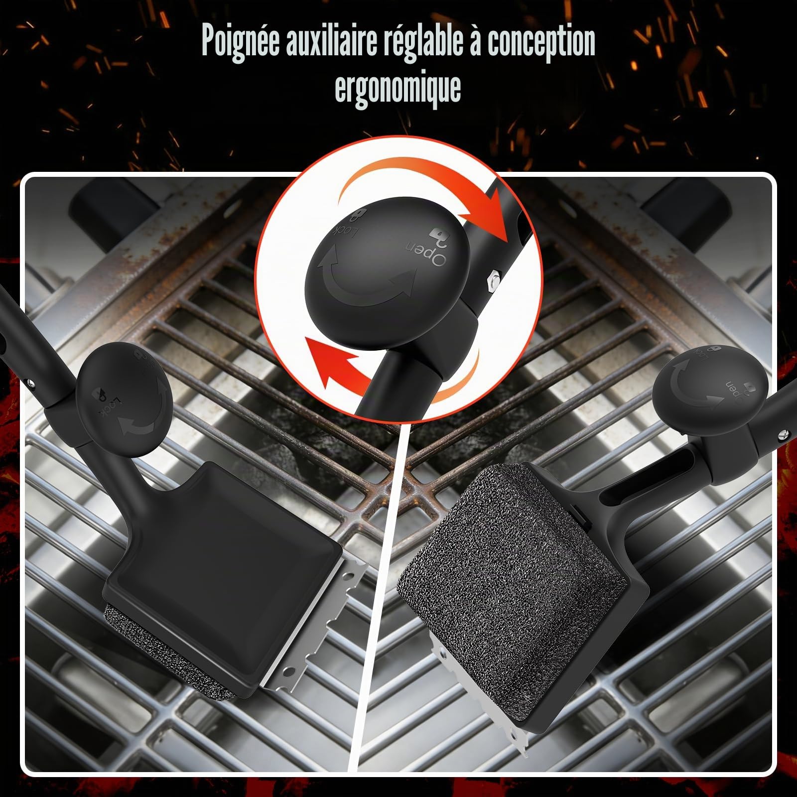 Brosse barbecue 4 en 1 Accessoires BBQ avec grattoir acier inoxydable Brosse réutilisable pour nettoyage grille Tissu Kevlar Sans poils
