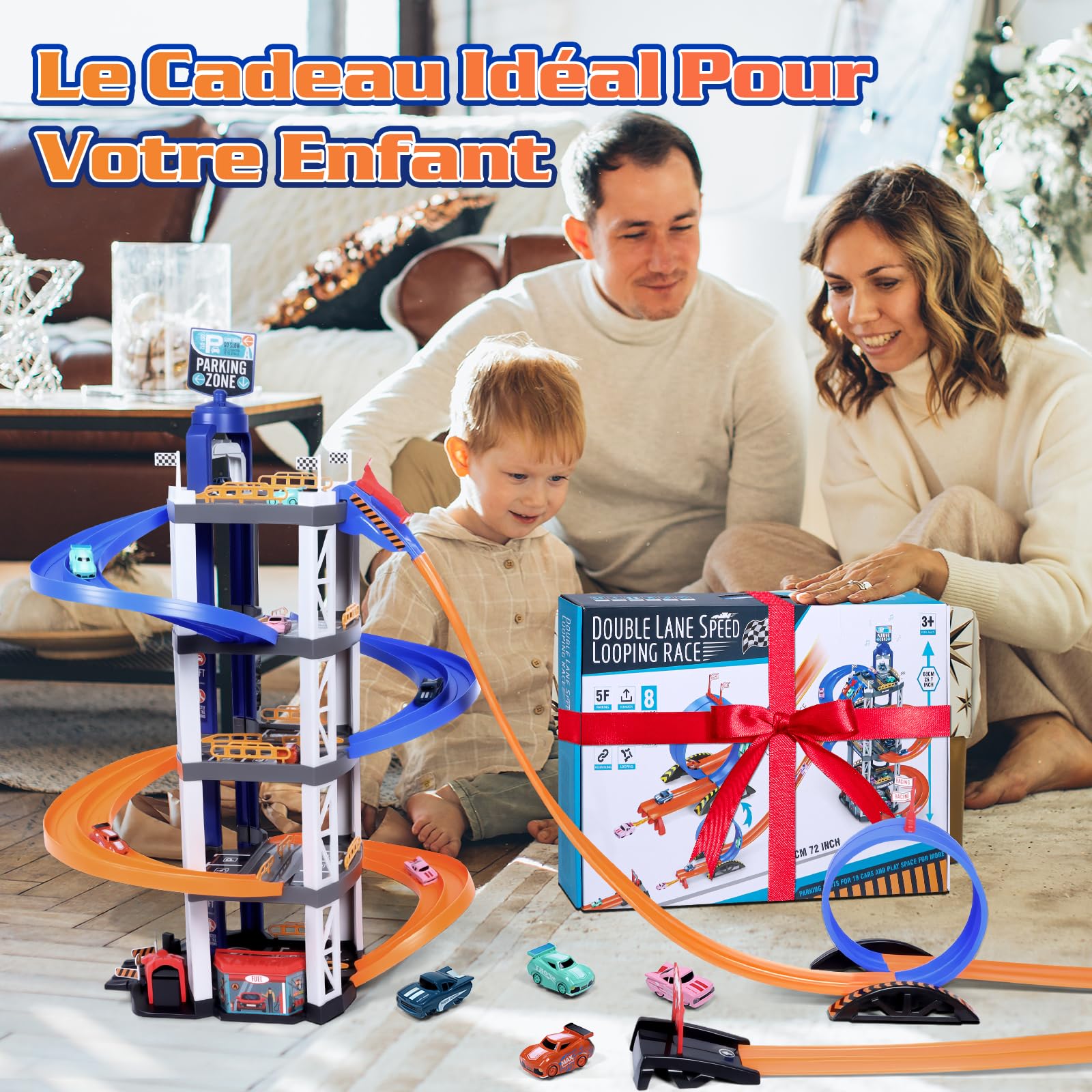 Charmofun 5 Etages Garage pour Enfants, Circuit Voiture Enfant avec 8 Voitures, Double Rampe, Ascenseur, Son et Lumière, Grand Garage Voiture Parking Jouet Enfants 3 4 5 6 7 8 Ans