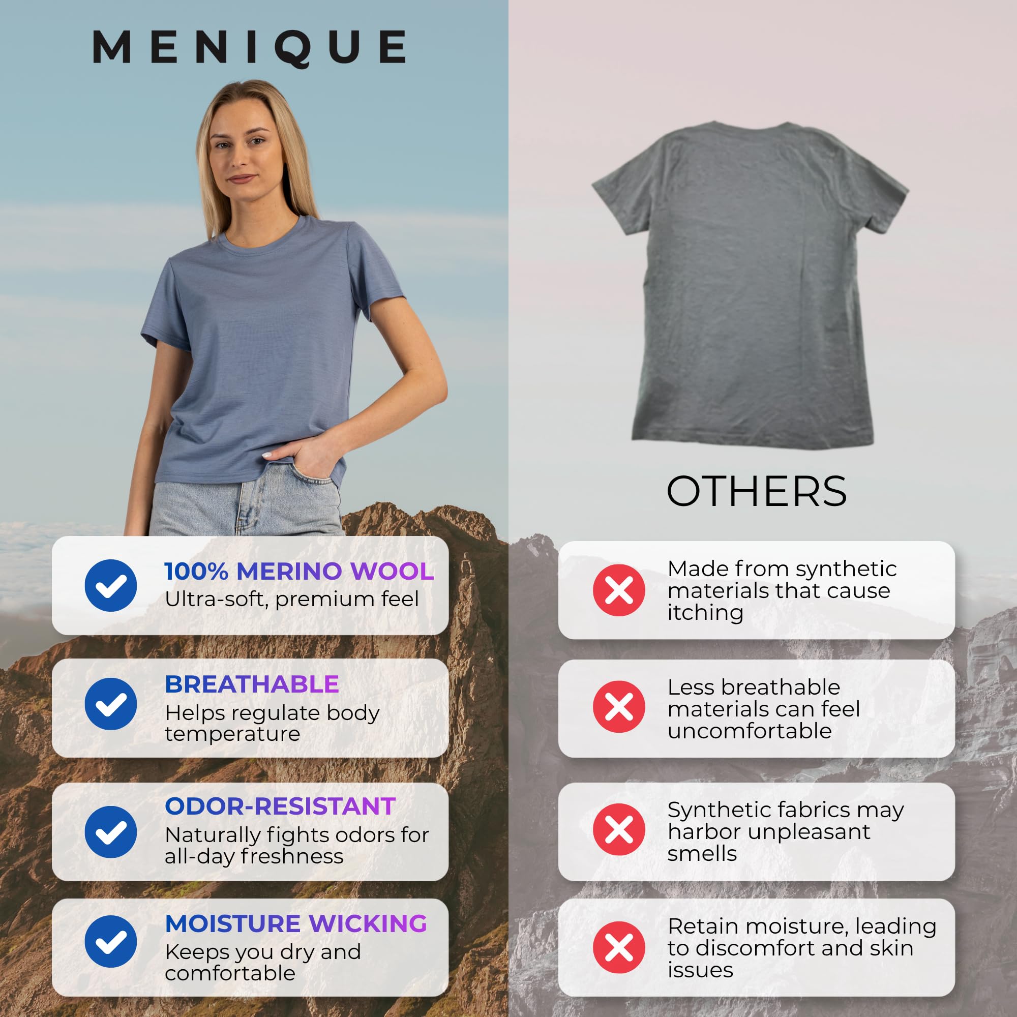 menique T-shirt 100 % mérinos pour femme - Manches courtes - Col rond - Protection UV UPF 35 - Léger et respirant - Sous-vêtement thermique d'été - Maillot de sport pour la randonnée, la course à pied