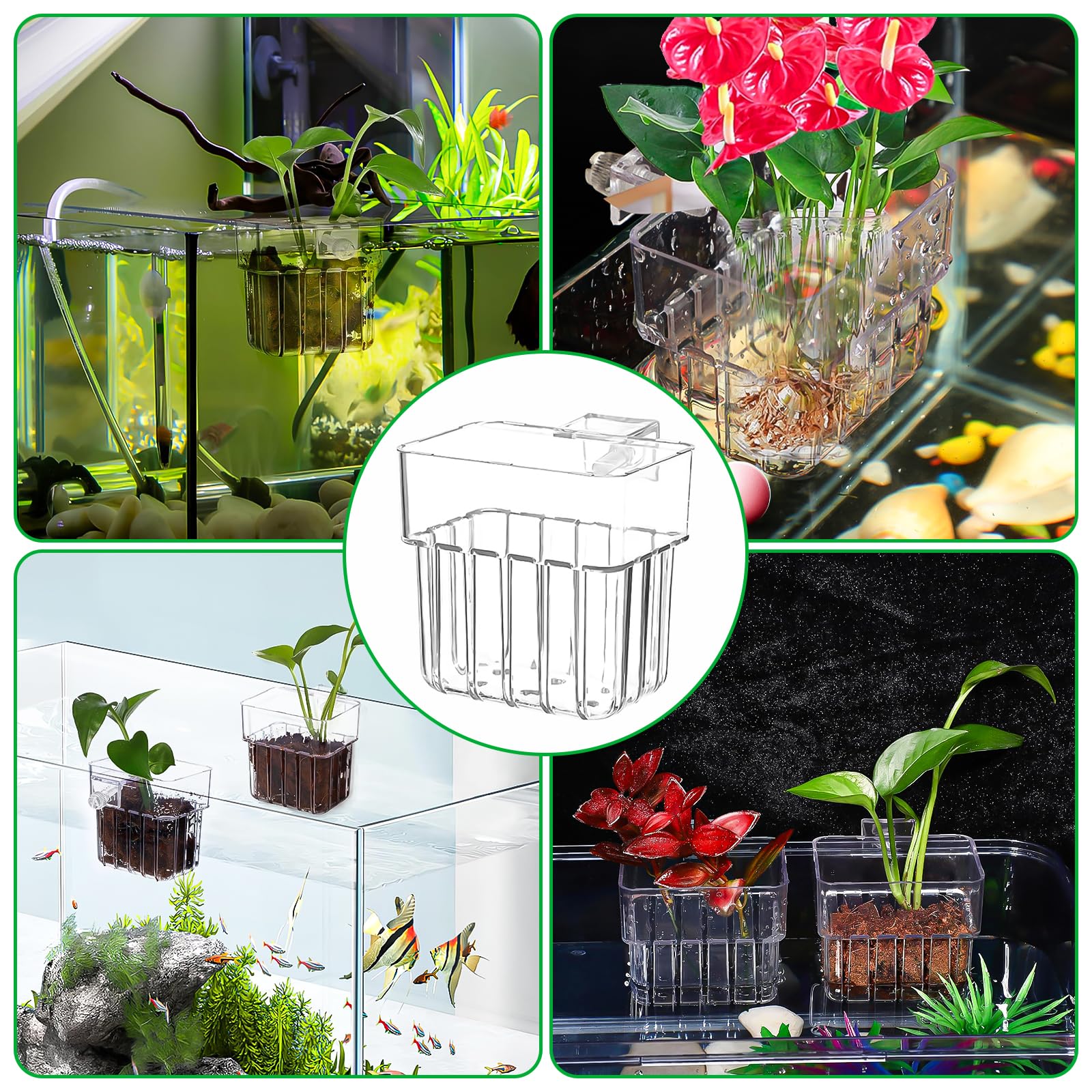 4 Stück Support de Plante D'Aquarium, Transparent mit Panier Plante Aquarium, Support de Plante D'Aquarium Suspendu für Fisch Tank Aquaponic Pflanzenkultur und Aquascape Dekorationen