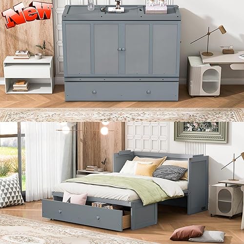 Harper & Bright Designs Queen Murphy Bed with USB Charging Station and Large Drawer, Wooden Queen Size Bed Wall Bed with Storage, Cube Cabinet Bed for Home Office Guest Room Bedroom,Gray