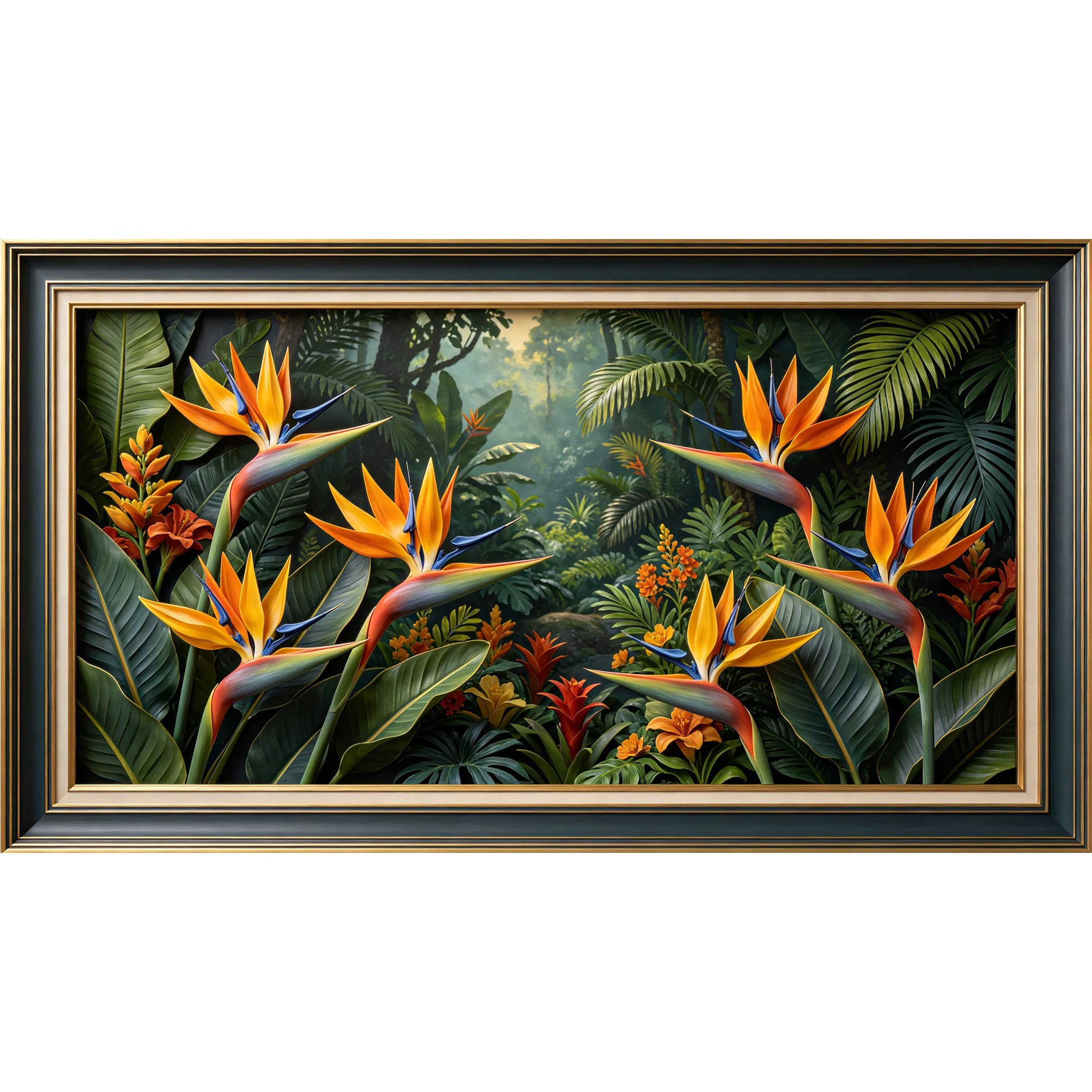 QZLITHOTIC 50×90cm3D Framed Wall Art， Tropical Bird of Paradise Botanical Jungle Scene SelfAdhesive Mural， WaterActivated Peel & Stick Fabric Decor Wall Decal for Bedroom Living Room