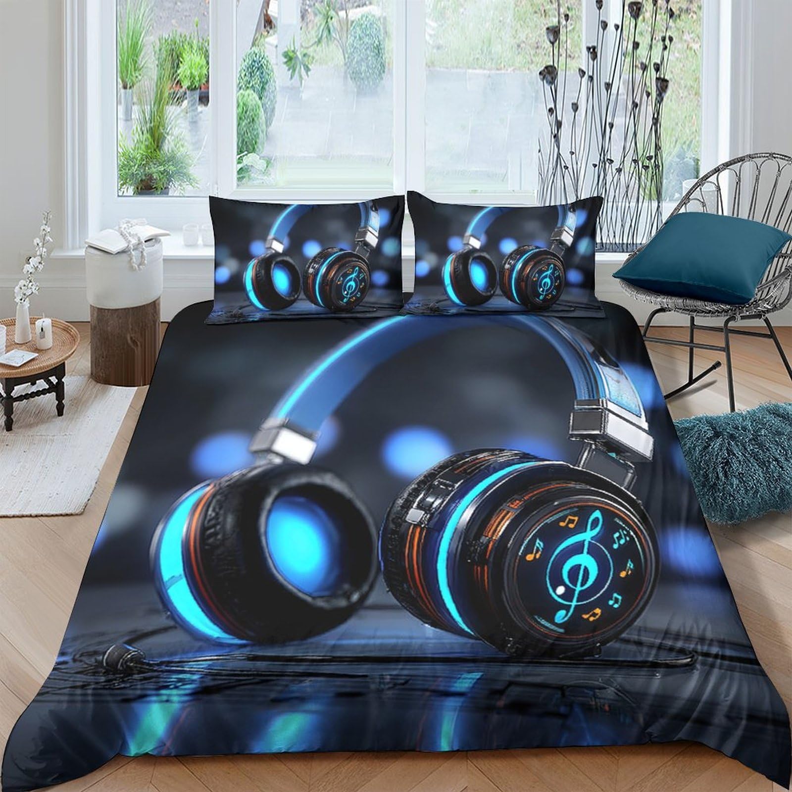 GPLZQXKJNH 3D Printed Headphone Music Duvet Cover Microfiber Soft Breathable Neon Light Bedding Set with 2 Pillowcases for Bedroom Decor Single（135x200cm）