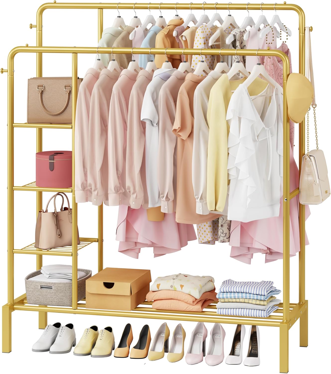 JOISCOPE 47'' * 65'' Heavy Duty Clothes Rack, Double Rods Clothing Racks for Hanging Clothes, Garment Rack with 4 Tier Closet Shelves & 4 Hooks for Clothing Storage, Metal Gold Clothing Rack Gold 47"D x 20"W x 65"H