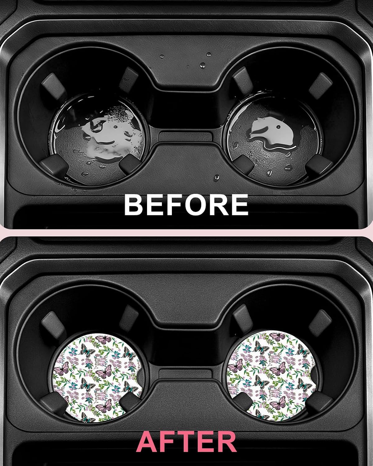 Swooflia Floral Absorbent Ceramic Car Coasters Set of 2, Cute Botanical Wildflower Cup Holder Coasters for Car, Purple Butterfly Flower Car Accessories for Women, Unique Gifts for Mom, Friends image 4