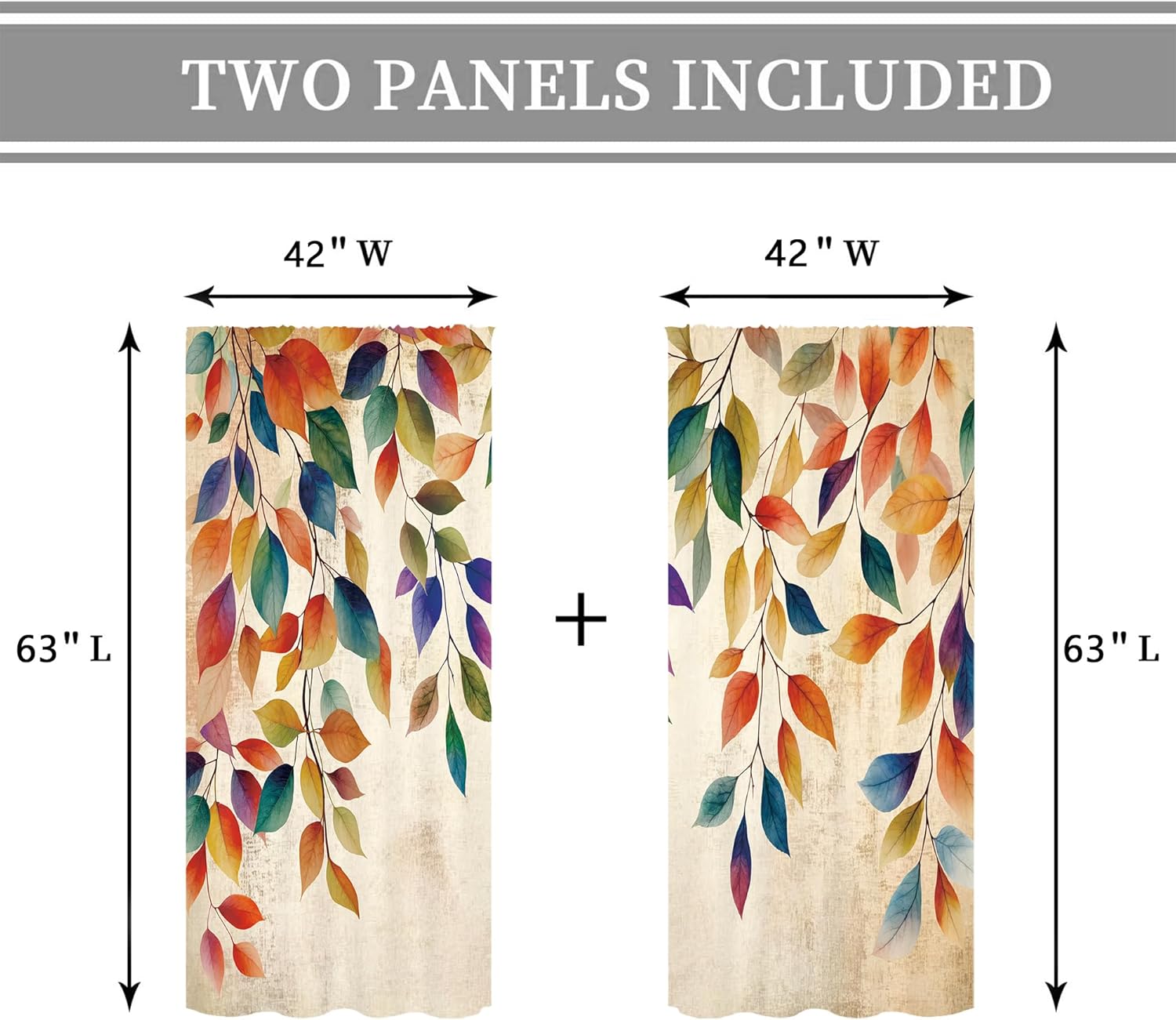 Cinbloo Colorful Leaves Curtains 42Wx63H Inch Rod Pocket Boho Retro Vintage Watercolor Leaf Rustic Floral Plant Botanical Modern Art Printed Nature Living Room Bedroom Window Drapes Treatment 2 Panels