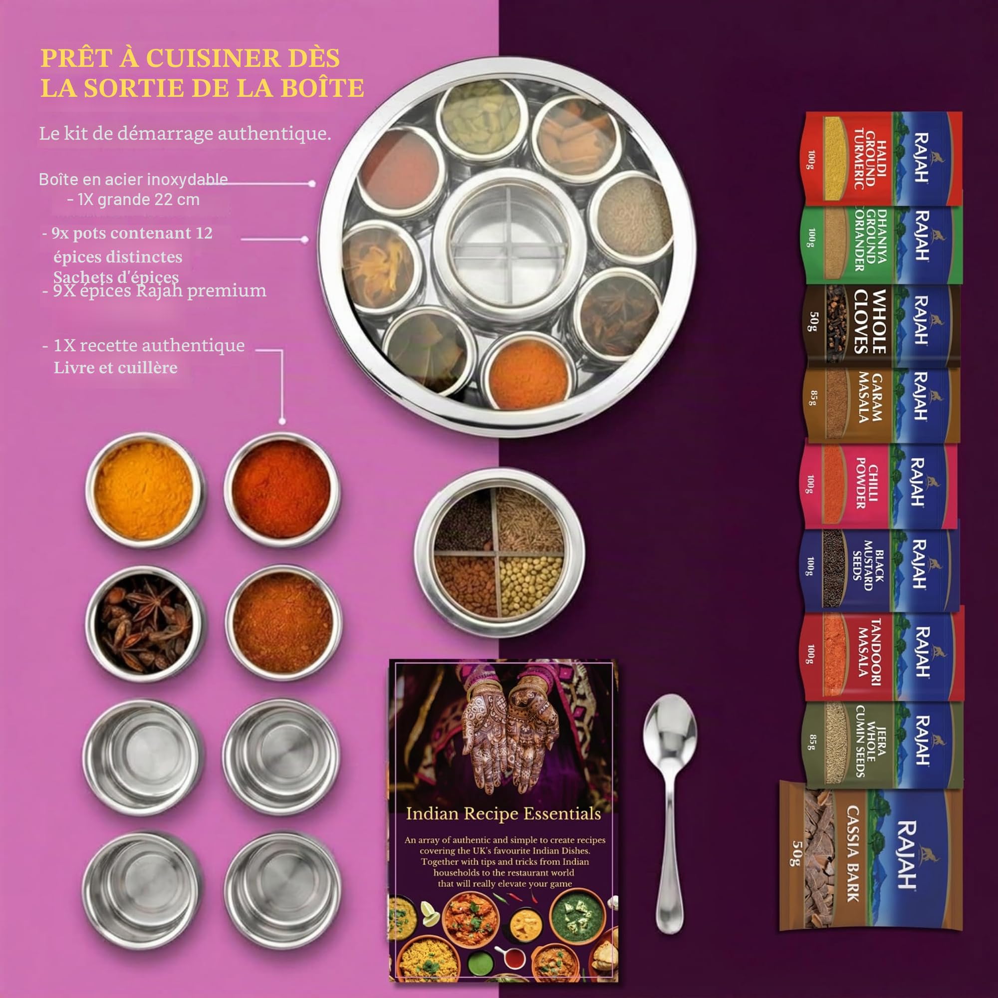 Bub : Grande boîte à épices Masala Dabba de qualité supérieure de 22 cm | 9 pots à épices avec couvercles individuels | Ensemble d'épices Rajah et livre de recettes | Cuillère et couvercles en