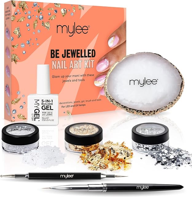 Mylee Be Jewelled Nail Art Kit, Clear Builder Gel, Dotting Tool, Nail Art Brush, Mixing Palette, Assorted Pearls, Assorted Gems, Gold Leaf, For Use on Natural Nails, Acrylic Nails, False Nails & Tips
