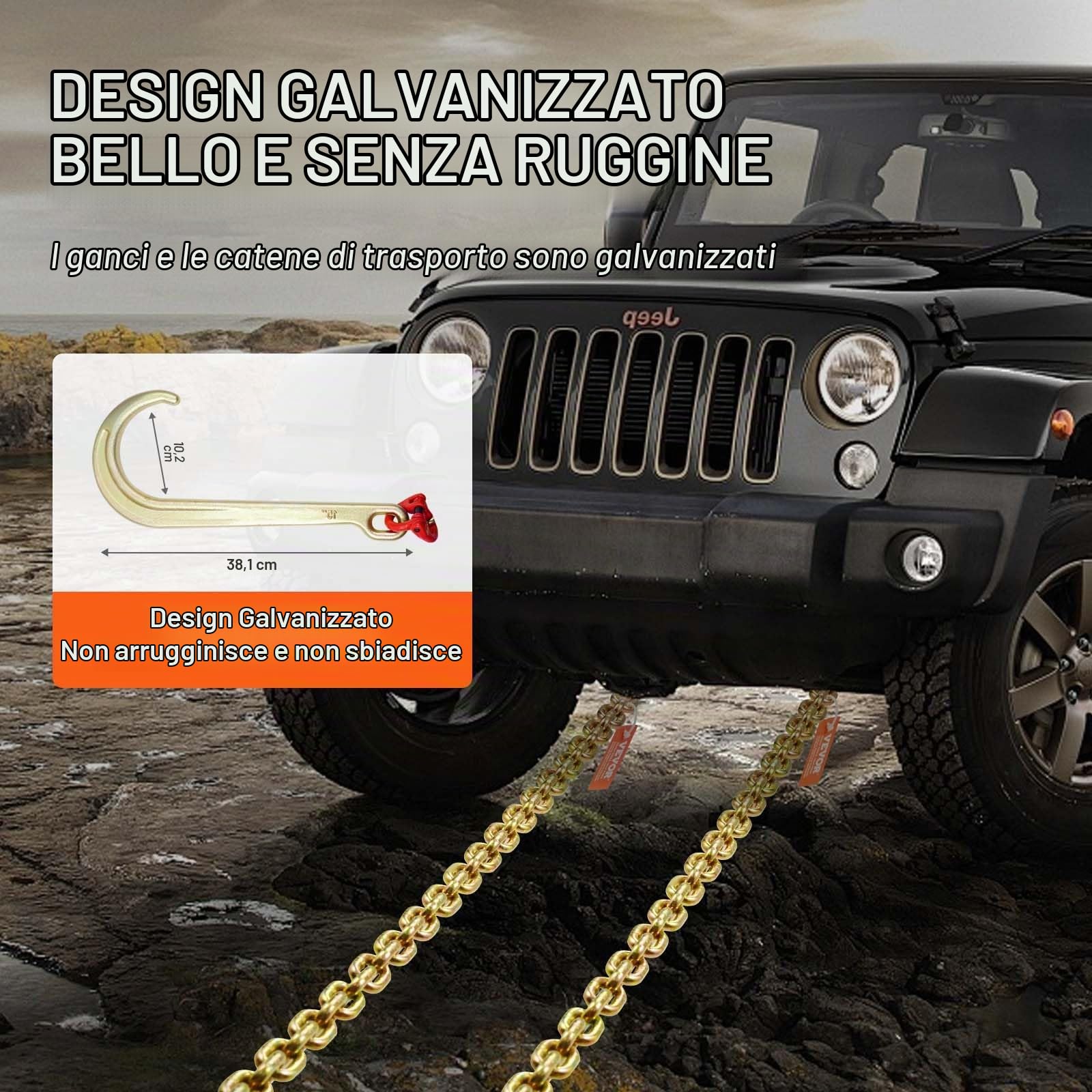 VEVOR Catena da Traino con Gancio a J a Stelo Lungo, 2 Pezzi, Catene per Rimorchio Grado 80 con Gancio RTJ, 8 mm x 180 cm, Capacità Carico max. 2448 kg, per Guasti, Trasporto, Carro Attrezzi, Camion