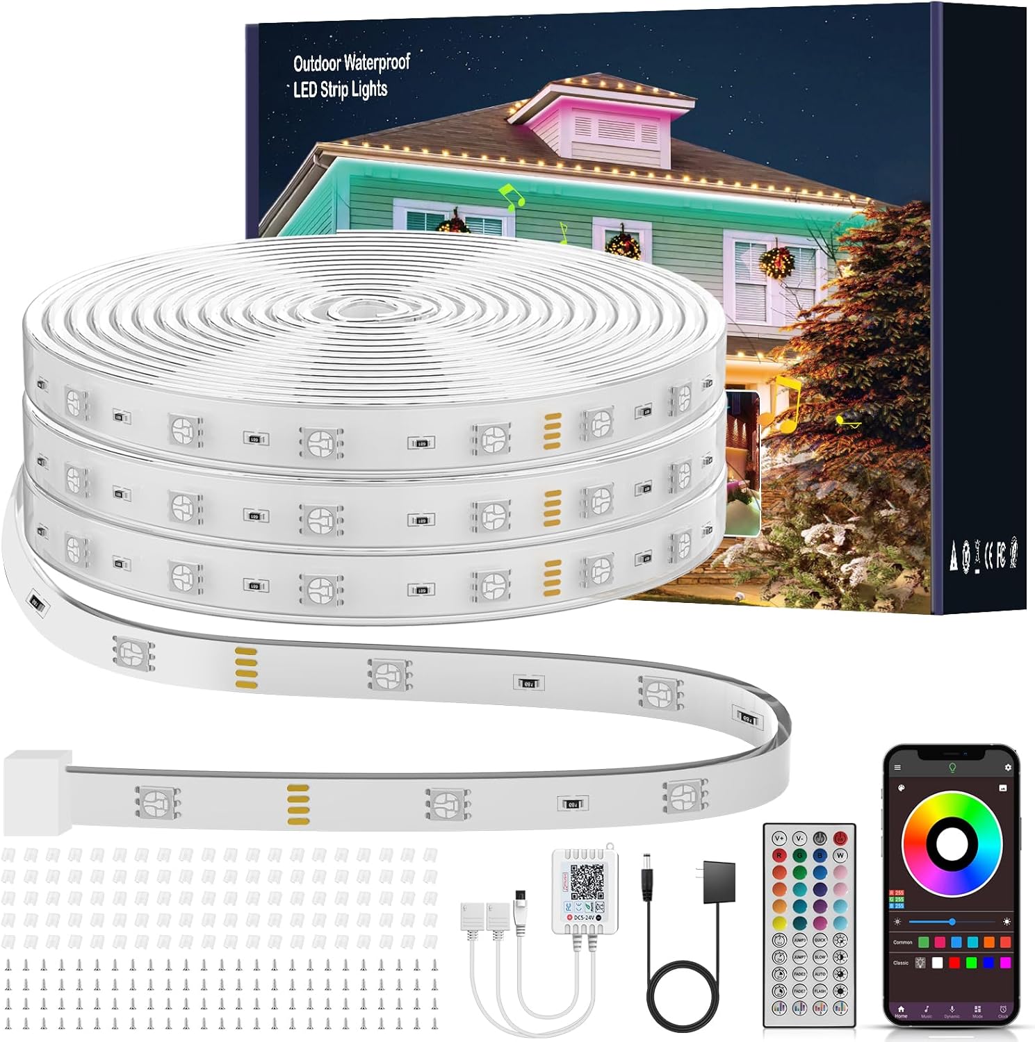 Outdoor Led Strip Lights Waterproof 200ft, Ip68 Outside Led Light Strip Waterproof with Remote and App Control, Exterior Music Syne RGB Led Rope Lights for Bathroom, Party Home Decor (2*100ft)