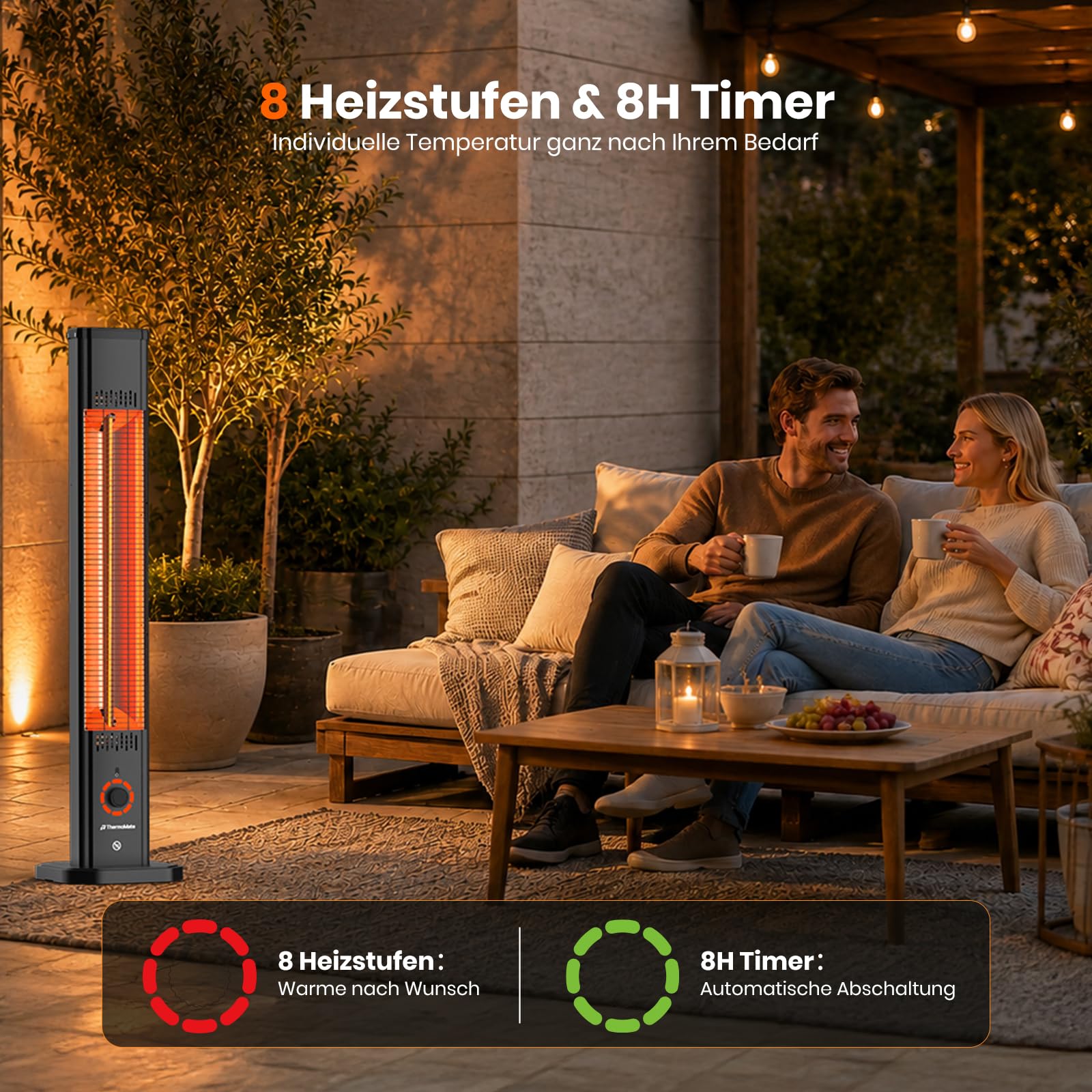 ThermoMate Chauffage Terrasse Infrarouge 2000W - 2 en 1 Sur Pied/Mural