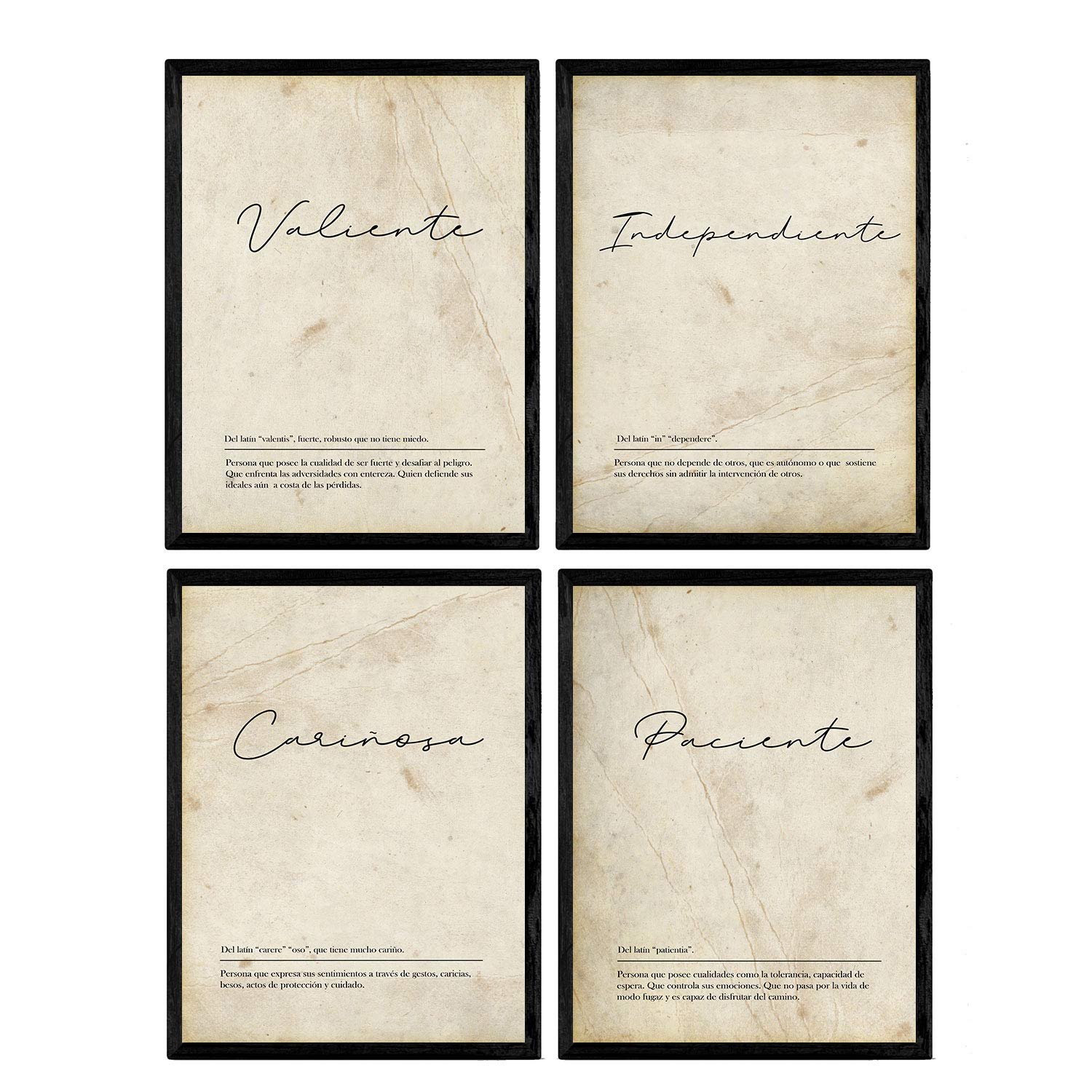 Nacnic Set de cuatro láminas con definiciones de Palabras para pareja chicas Fondo vintage nórdico Poster en tamaño A4 Enmarcado