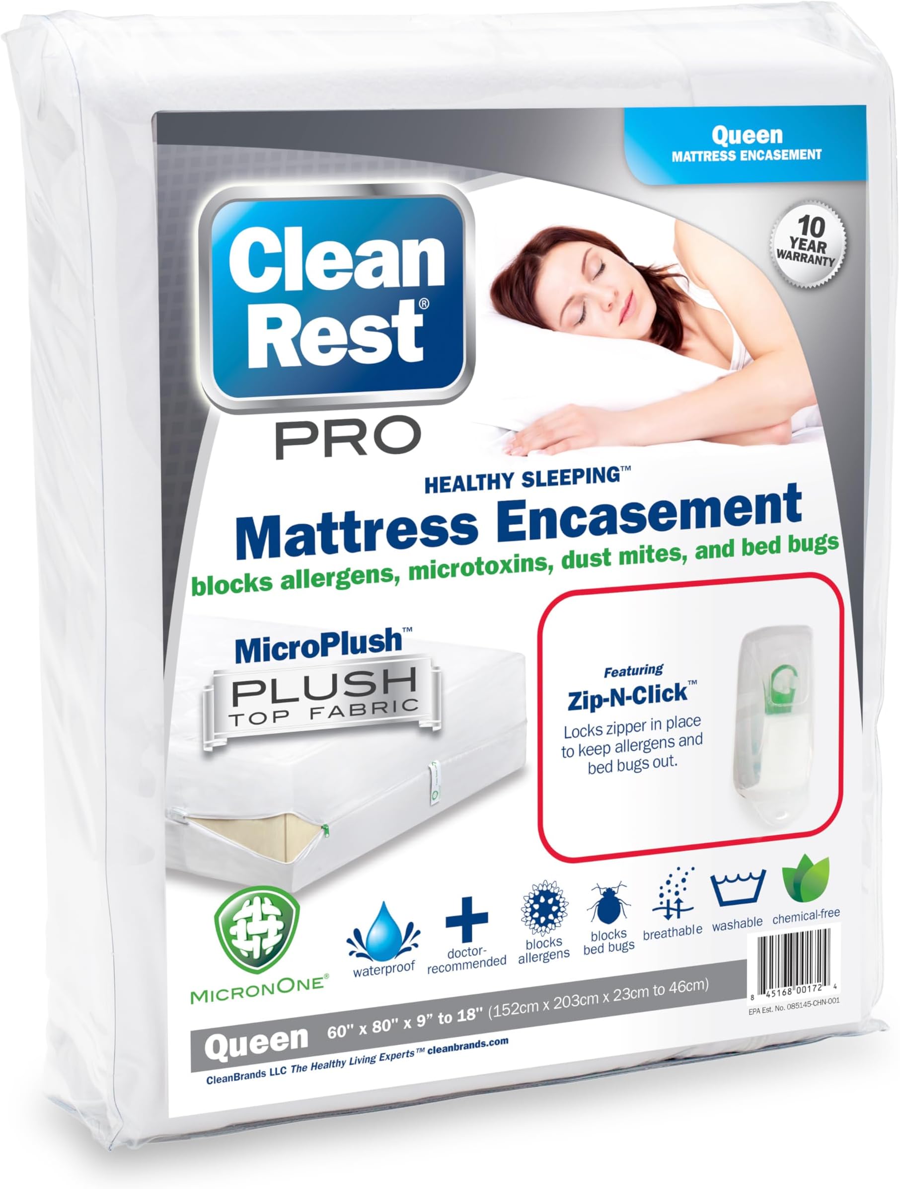 CleanRest PRO Mattress Encasement (Zippered Protector) with Patented Zip-N-Click Closure for Secure Bed Bug Protection - Queen Size