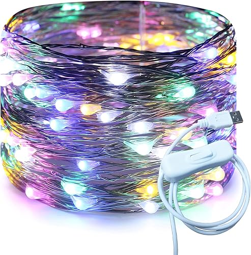 Miniatura 19 de RUICHEN Hilo de plata de 66 pies con 200 luces LED USB, guirnalda de luces de hadas con interruptor de encendido/apagado (blanco cálido)