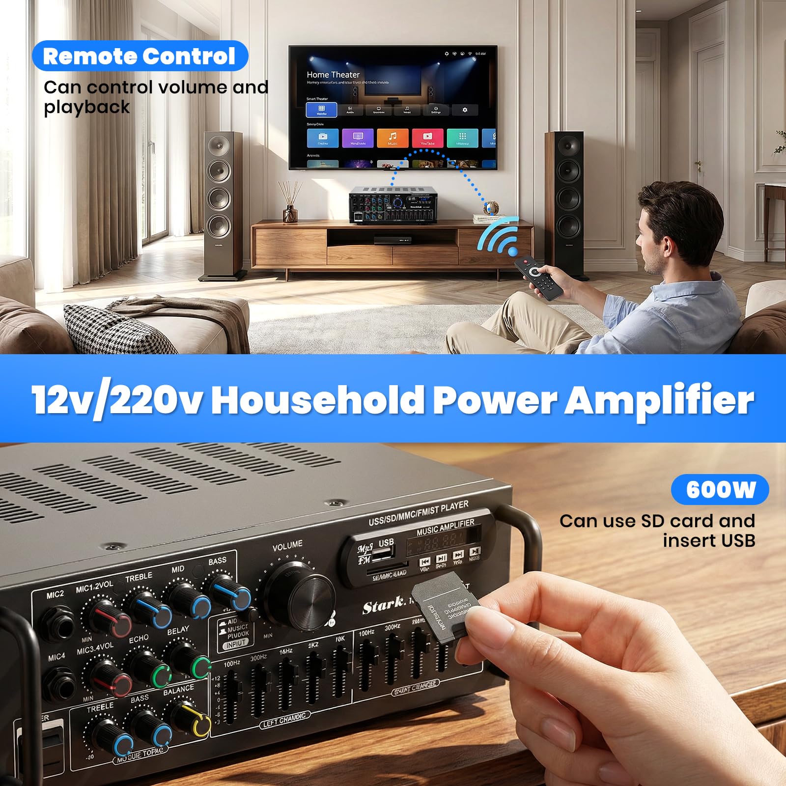 Amplificateur HiFi Stéréo Bluetooth 600W Ampli Bluetooth avec Télécommande | 2 Canaux avec Égaliseur 5 Bandes, Récepteur Audio HiFi, FM USB SD AUX, Amplificateur Audio Karaoké pour Home Studio,AC/DC 12V