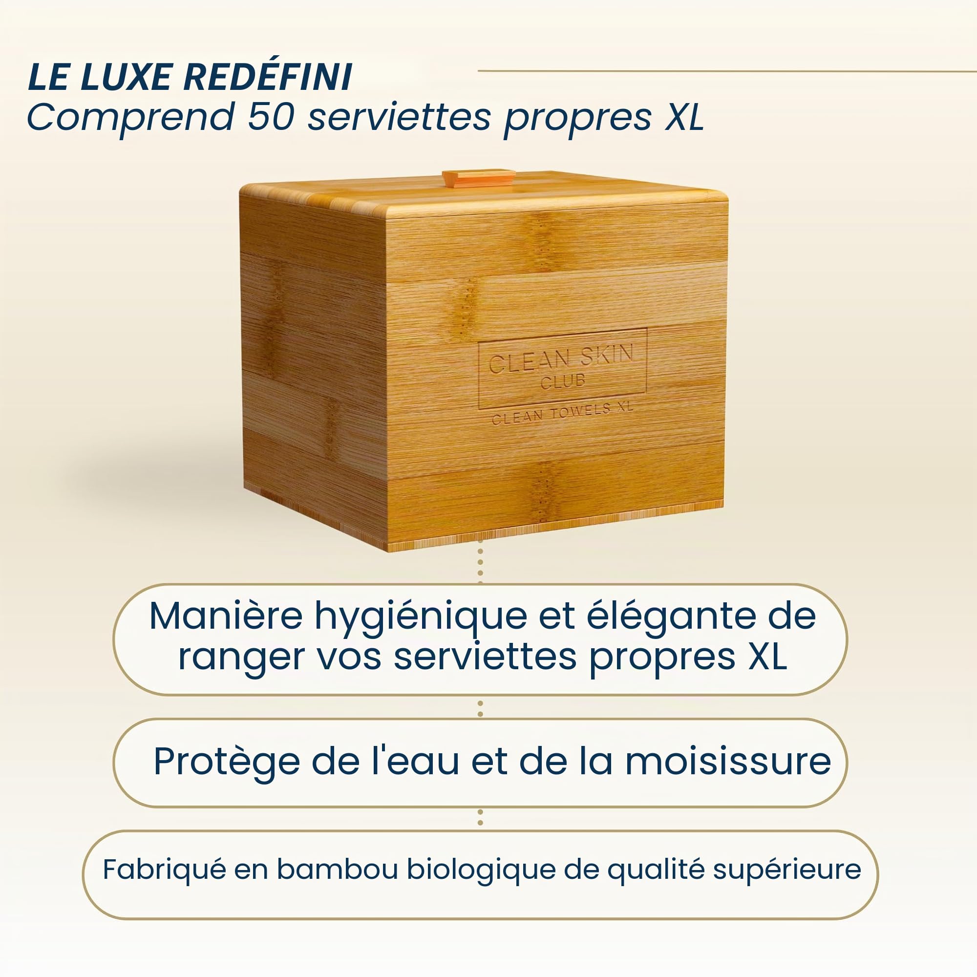 Clean Skin Club Récipient en bambou de luxe avec couvercle, comprend 50 serviettes jetables Clean Towels XL Original