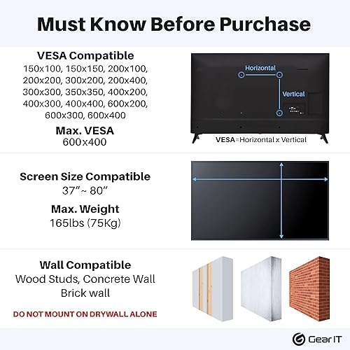 Miniatura 8 de GEARit Soporte de pared para TV (TV de 37 a 80 pulgadas) hasta 165 libras - Inclinación completa delgada, brazo articulado, Vesa 200 300 400 600
