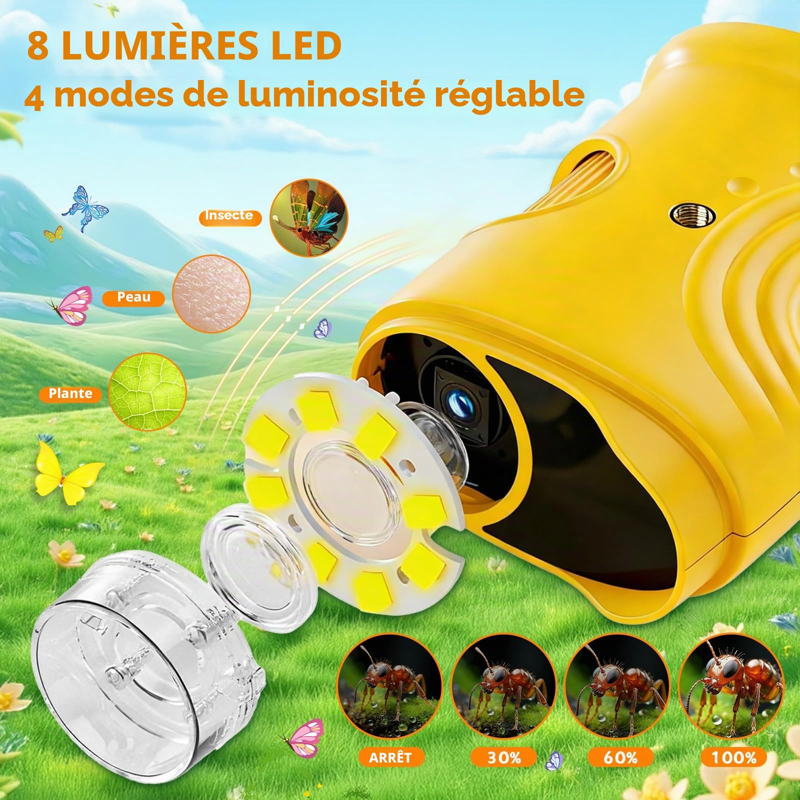 Numérique pour Enfants 1000X, 2.0 Pouces Microscope Enfant, 8 LED, USB Rechargeable, Jouet Scientifique et Éducatif, Sciences de Plein air pour Les 3 Ans et Plus, garçons et Filles
