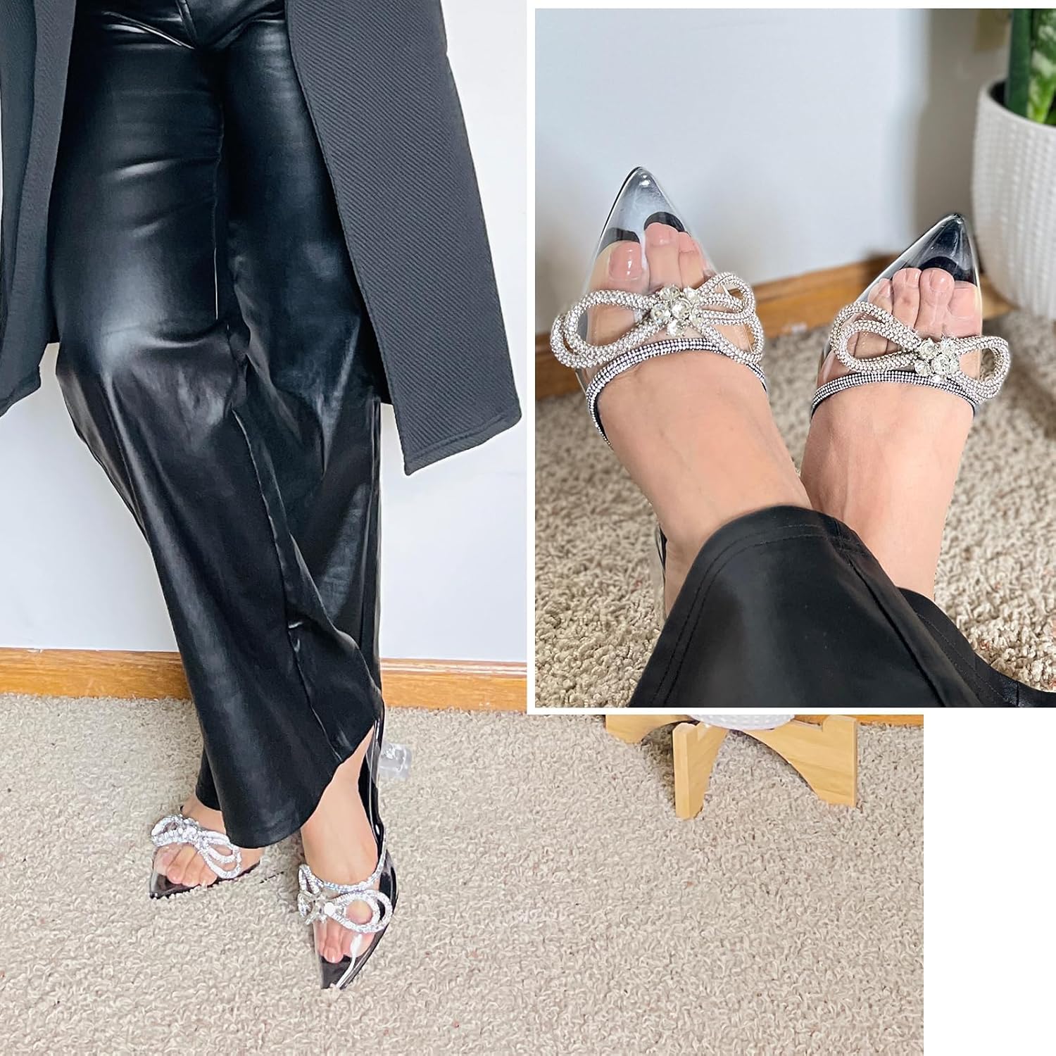 JENN ARDOR Women’s Heels for Bride Sparkly Low Heels Slingback Pumps 3.4 inch Clear Kitten Heels Wedding with Rhinestones Bow Pumps Pointed Toe Sandals Dress Shoes for Prom Party Dating - Image 2