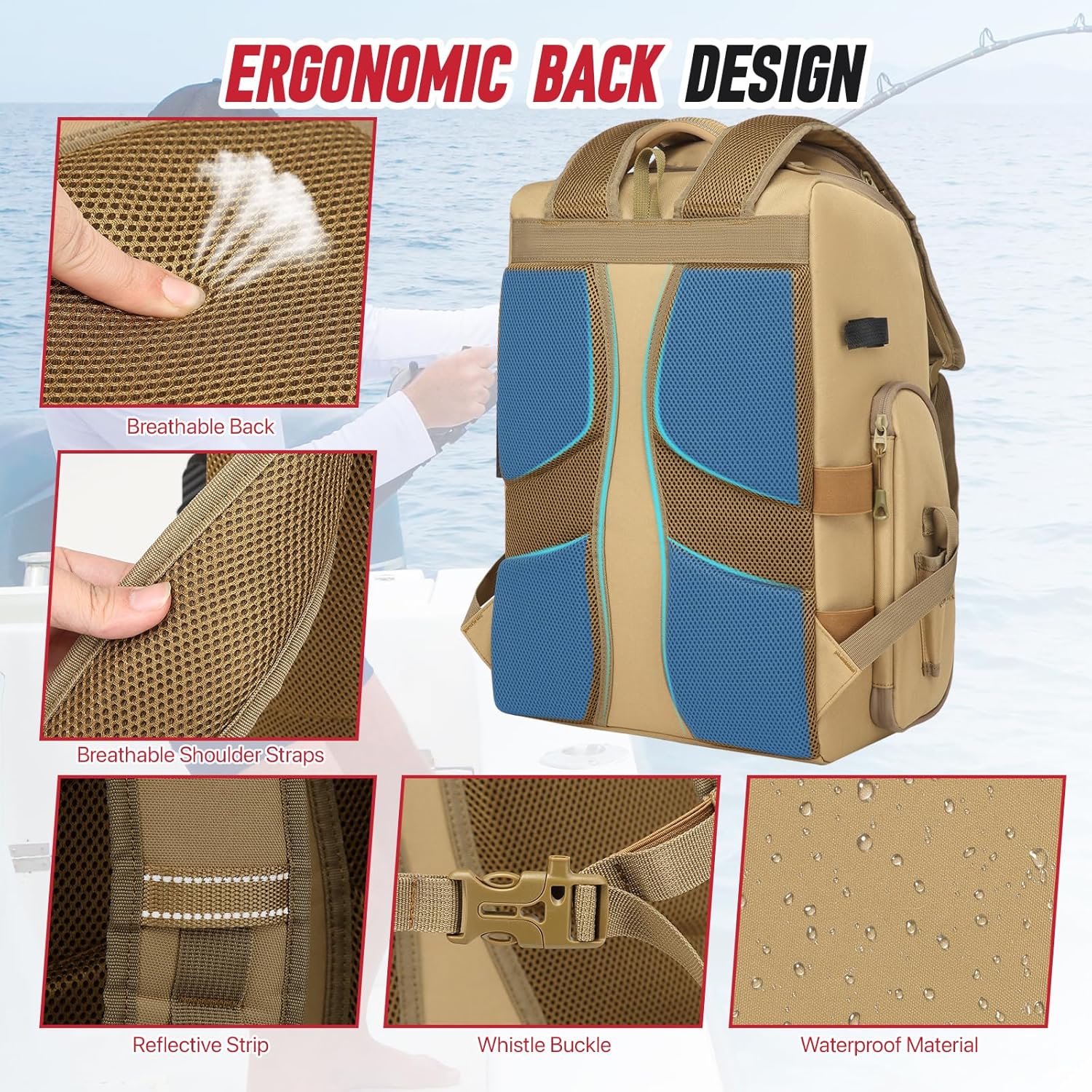 Fishing Tackle Backpack,Tackle Bag with 2 Rod Holders,Water-Resistant Large Storage Fishing Gear and Equipment (B-Khaki)