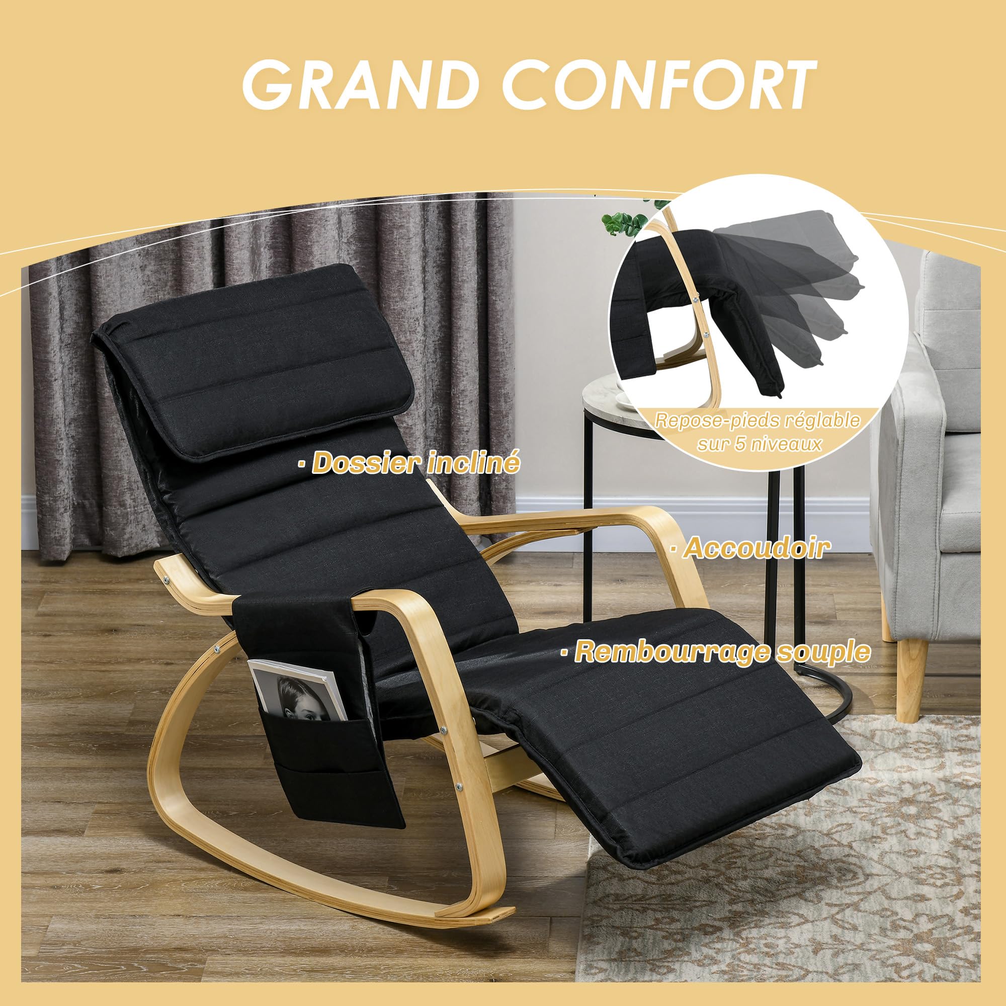 HOMCOM Fauteuil à Bascule Fauteuil Allaitement Relax Salon avec Repose-Pieds réglable, Poche latérale et Appui-tête, Rocking Chair pour Chambre, 67 x 110 x 91 cm Noir