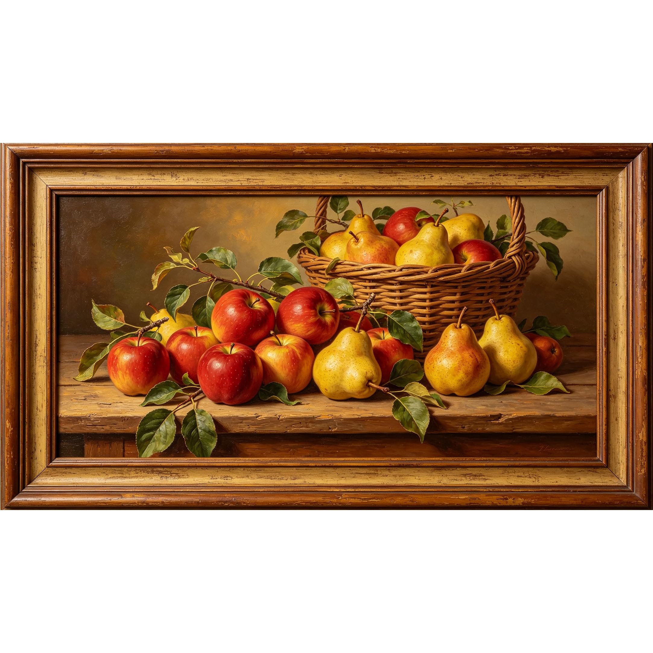 QZLITHOTIC 50x90cm3D Framed Wall Art， Vintage Still Life Apple and Pear Basket Self‑Adhesive Mural， Water‑Activated Peel & Stick Fabric Decor Wall Decal for Bedroom Living Room
