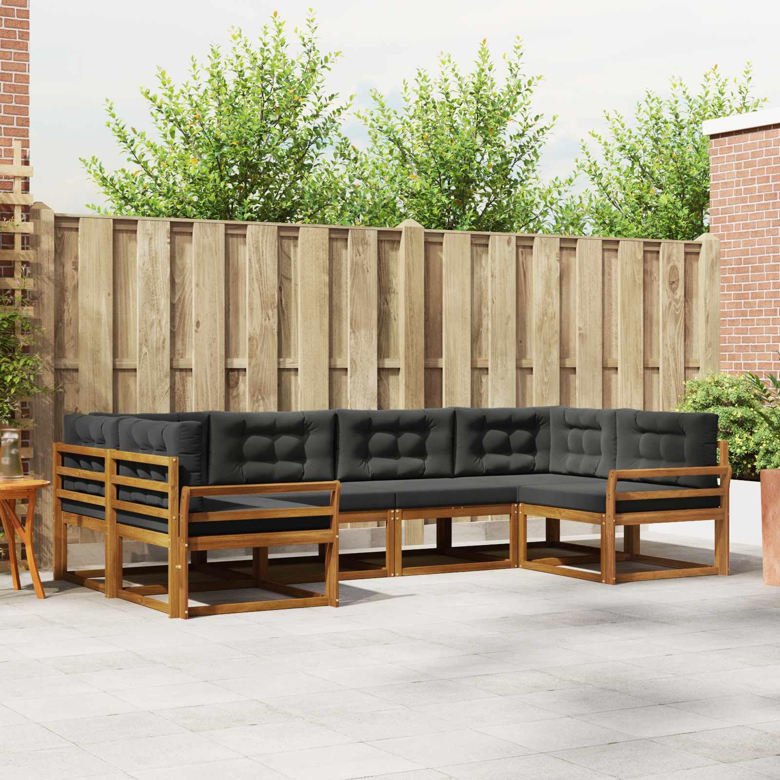 Juego de salón de jardín de madera de acacia maciza, conjunto modular para patio y jardín, incluye cojines de asiento y respaldo, color natural y antracita, 325 x 170,5 x 73 cm