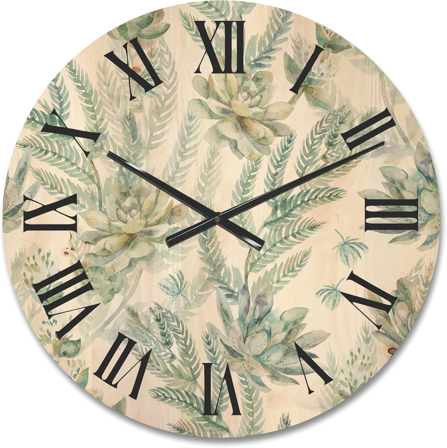 'Floral Seamless Pattern Succulents and Ferns Thorns' Farmhouse Wood Wall Clock Large Decorative Floral & Botanical Wall Clock Oversized Wood Clocks for Living Room Décor