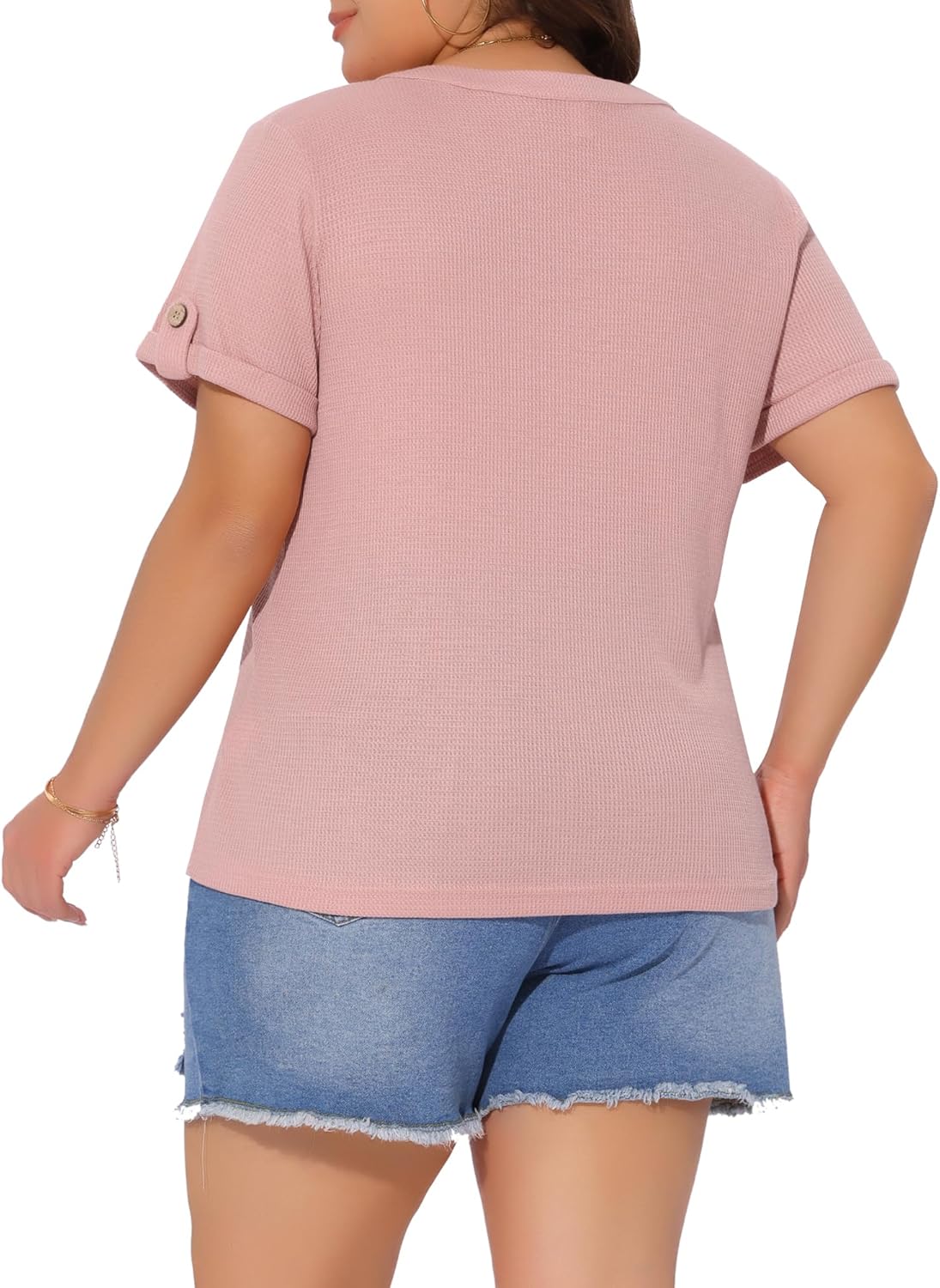 Agnes Orinda Women's Plus Size Waffle Tunic Tops Loose Short Sleeve Button V Neck Summer Tshirt Casual Blouse - Image 4